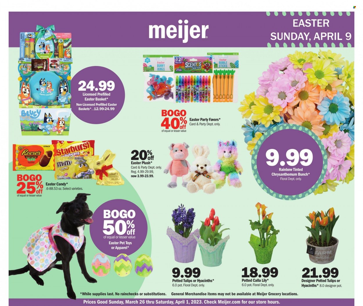 thumbnail - Meijer Flyer - 03/26/2023 - 04/09/2023 - Sales products - Reese's, Starburst, easter bunny, basket, pot, easter basket, plush toy, tulip, lily. Page 1.