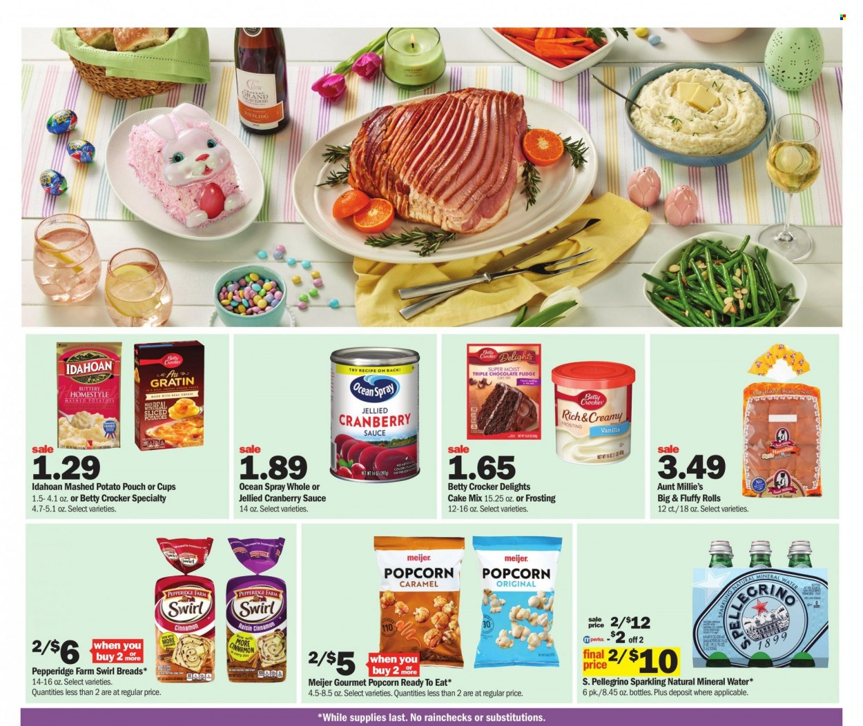 thumbnail - Meijer Flyer - 03/26/2023 - 04/09/2023 - Sales products - cake mix, sauce, fudge, popcorn, frosting, cinnamon, cranberry sauce, mineral water, San Pellegrino, water, Riesling, white wine, wine, cup. Page 7.