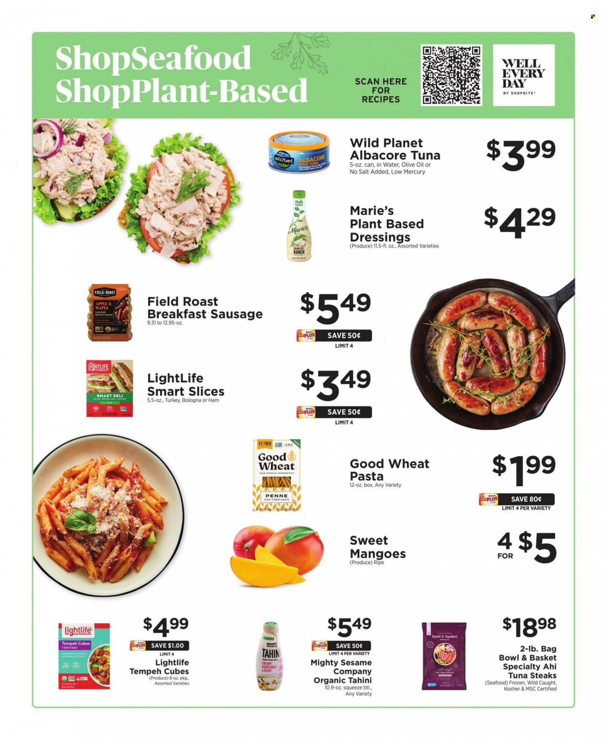 thumbnail - ShopRite Flyer - 03/26/2023 - 04/01/2023 - Sales products - Bowl & Basket, tuna, seafood, pasta, roast, bologna sausage, sausage, penne, tahini, olive oil, water, steak. Page 13.