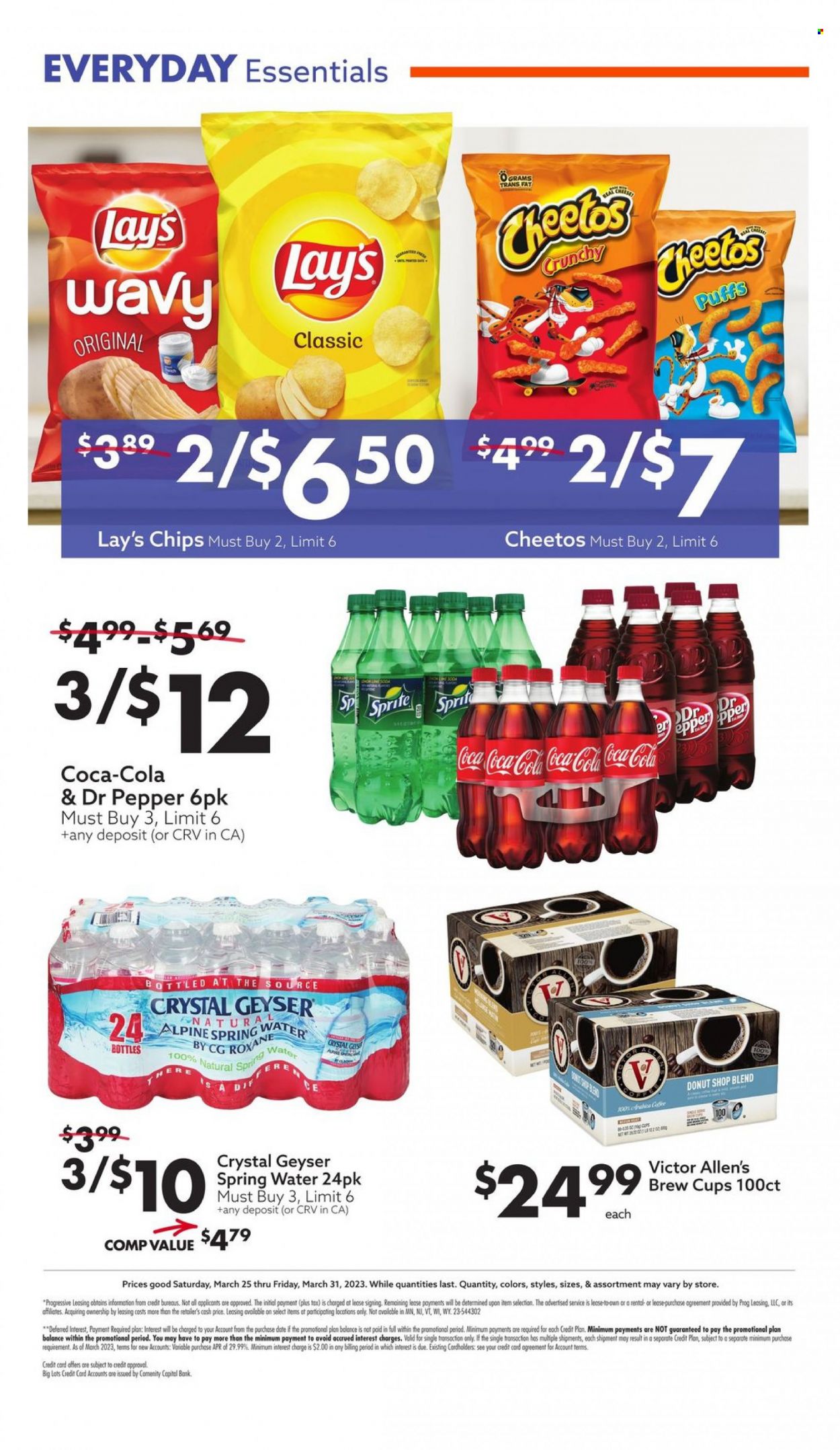 thumbnail - Big Lots Flyer - 03/25/2023 - 03/31/2023 - Sales products - puffs, Cheetos, chips, Lay’s, Coca-Cola, Sprite, Dr. Pepper, spring water, water, coffee, cup. Page 11.