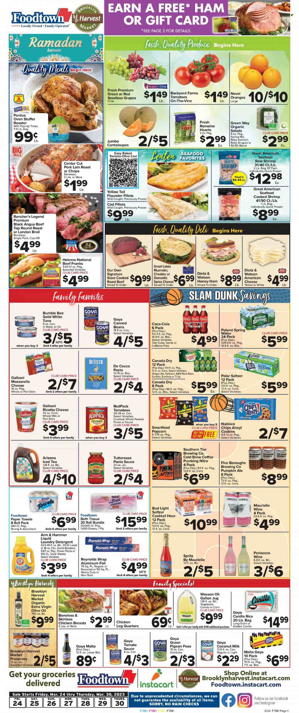 thumbnail - Foodtown Flyer - 03/24/2023 - 03/30/2023 - Sales products - cantaloupe, corn, pumpkin, peas, salad, grapes, seedless grapes, oranges, cod, flounder, tuna, seafood, shrimps, pasta sauce, Bumble Bee, Perdue®, roast, ham, Dietz & Watson, american cheese, mozzarella, ricotta, swiss cheese, cheese, Münster cheese, Galbani, cookies, Chips Ahoy!, Smartfood, popcorn, ARM & HAMMER, black beans, coconut milk, crushed tomatoes, tomato sauce, Goya, rice, toor dal, penne, extra virgin olive oil, olive oil, Canada Dry, Coca-Cola, ginger ale, Sprite, ice tea, Diet Coke, 7UP, AriZona, A&W, Coke, spring water, water, coffee, Hard Seltzer, beer, Bud Light, chicken legs, chicken, beef meat, round roast, roast beef, pork loin, pork meat, bath tissue, kitchen towels, paper towels, detergent, laundry detergent, dryer sheets, scent booster, Pigeon, aluminium foil. Page 1.
