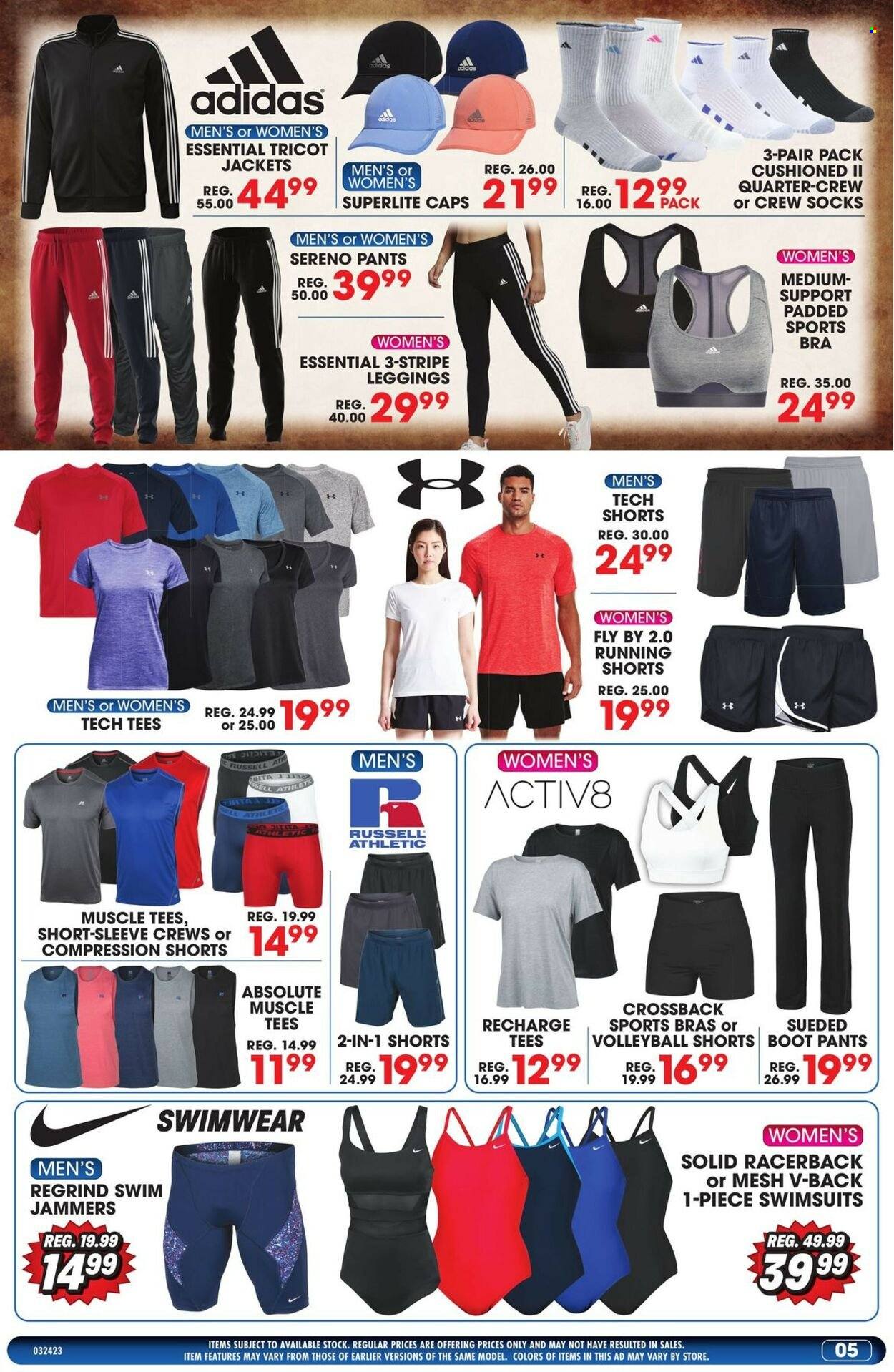 thumbnail - Big 5 Flyer - 03/24/2023 - 03/30/2023 - Sales products - Adidas, boots, Russell Athletic, jacket, shorts, pants, t-shirt, leggings, socks, cap, bra, swimming suit. Page 5.