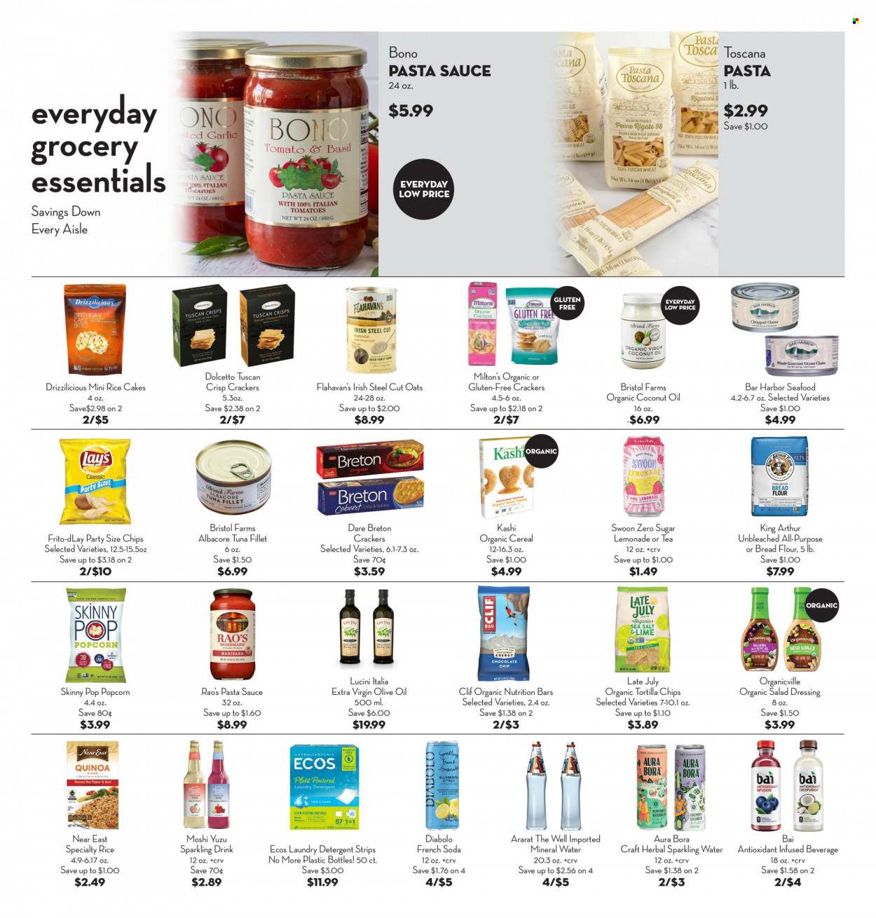 thumbnail - Bristol Farms Flyer - 03/15/2023 - 03/28/2023 - Sales products - bread, tuna, seafood, pasta sauce, sauce, strips, crackers, tortilla chips, chips, popcorn, Skinny Pop, bread flour, oats, cereals, nutrition bar, salad dressing, dressing, coconut oil, extra virgin olive oil, olive oil, lemonade, Bai, mineral water, soda, sparkling water, water, tea. Page 4.