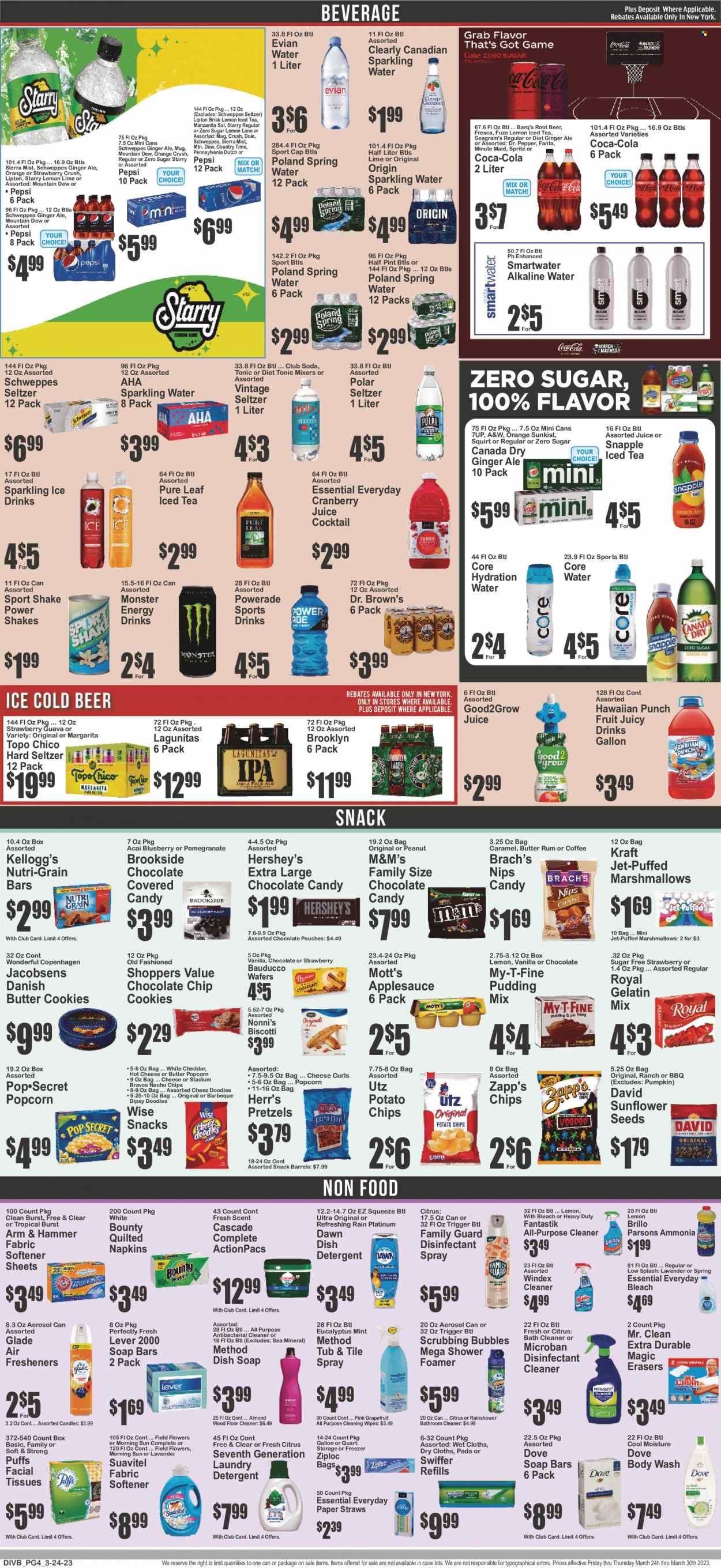 thumbnail - Super Fresh Flyer - 03/24/2023 - 03/30/2023 - Sales products - pretzels, puffs, pumpkin, Dole, grapefruits, guava, oranges, Mott's, Kraft®, pudding, shake, Hershey's, biscotti, cookies, Dove, marshmallows, wafers, chocolate chips, butter cookies, snack, Bounty, M&M's, Kellogg's, chocolate candies, NIPS, potato chips, chips, popcorn, ARM & HAMMER, Nutri-Grain, caramel, apple sauce, sunflower seeds, Canada Dry, Coca-Cola, cranberry juice, ginger ale, Mountain Dew, Schweppes, Sprite, Powerade, Pepsi, juice, Fanta, energy drink, Monster, Lipton, ice tea, Dr. Pepper, tonic, 7UP, Monster Energy, Snapple, Dr. Brown's, A&W, Sierra Mist, Country Time, fruit punch, Club Soda, spring water, sparkling water, Smartwater, alkaline water, Evian, water, Pure Leaf, coffee, rum, Hard Seltzer, beer, cleansing wipes, wipes, napkins, tissues, detergent, Windex, Scrubbing Bubbles, cleaner, bleach, desinfection, floor cleaner, Swiffer, Cascade, fabric softener, laundry detergent, dishwasher cleaner, Jet, body wash, soap, facial tissues, straw. Page 4.