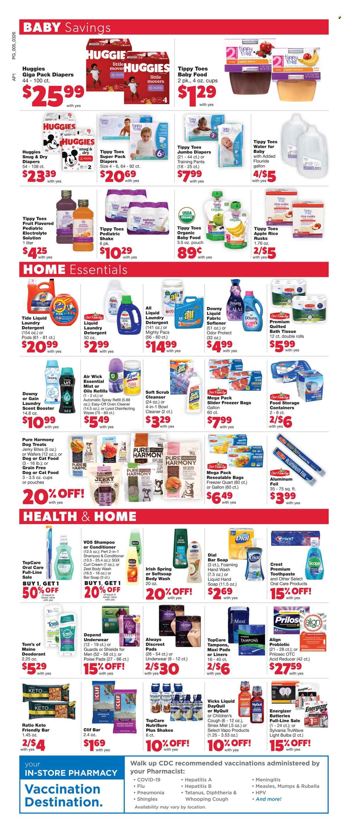 thumbnail - Family Fare Flyer - 03/26/2023 - 04/01/2023 - Sales products - rusks, jerky, shake, wafers, chocolate chips, water, organic baby food, wipes, Huggies, pants, nappies, baby pants, bath tissue, detergent, Gain, cleaner, Lysol, Tide, fabric softener, laundry detergent, body wash, shampoo, Softsoap, hand soap, hand wash, soap bar, Dial, soap, toothpaste, Crest, sanitary pads, Always Discreet, tampons, cleanser, conditioner, VO5, anti-perspirant, deodorant, Vicks, bag, cup, bowl, aluminium foil, freezer bag, storage box, storage container, diary, Air Wick, battery, bulb, Energizer, light bulb, Sylvania, quilt, DayQuil, NyQuil, Sinex. Page 5.