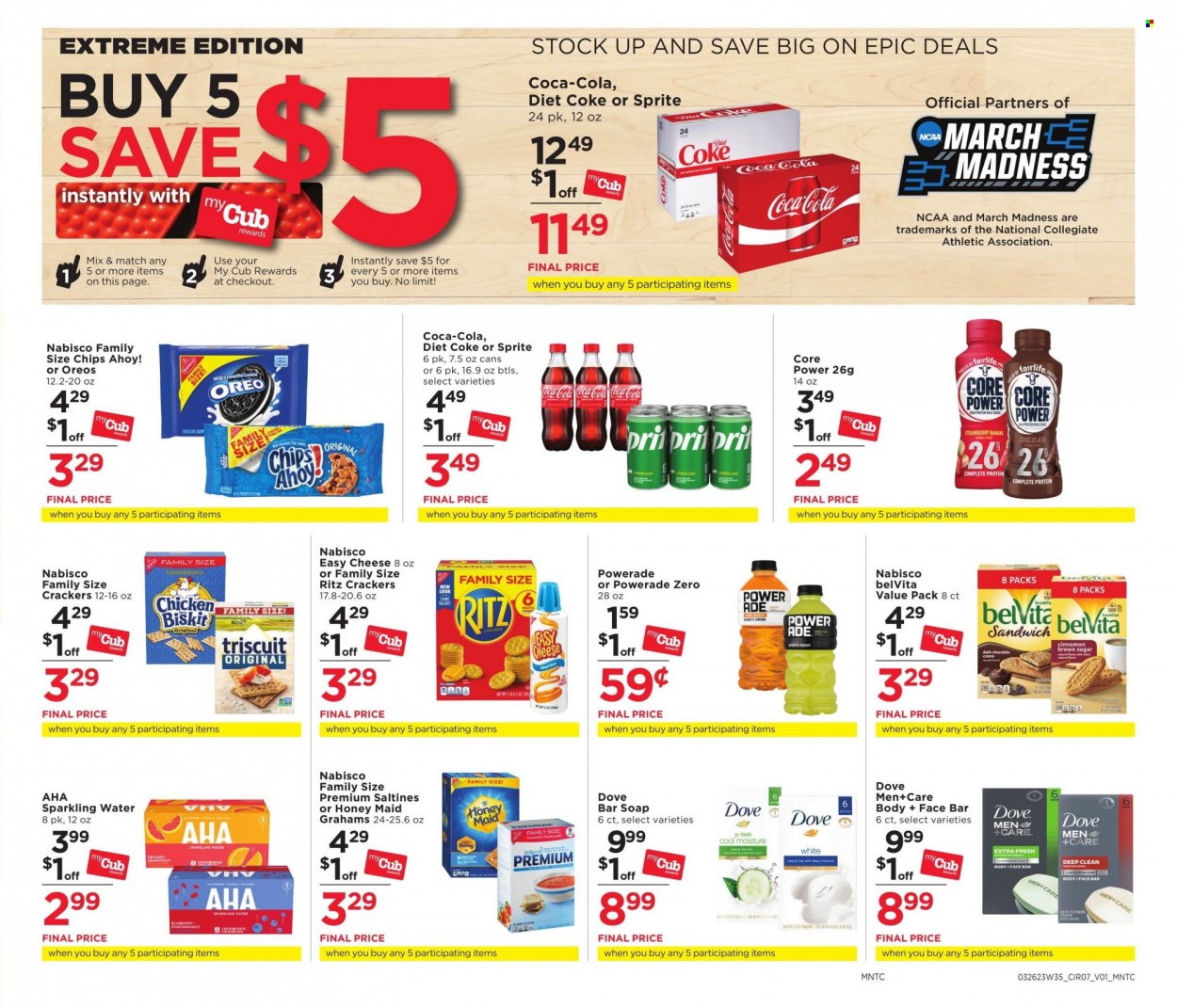 thumbnail - Cub Foods Flyer - 03/26/2023 - 04/01/2023 - Sales products - sandwich, Oreo, Core Power, Dove, crackers, Chips Ahoy!, RITZ, chips, saltines, belVita, Honey Maid, Coca-Cola, Sprite, Powerade, Diet Coke, Coke, sparkling water, water, chicken, soap bar, soap. Page 12.