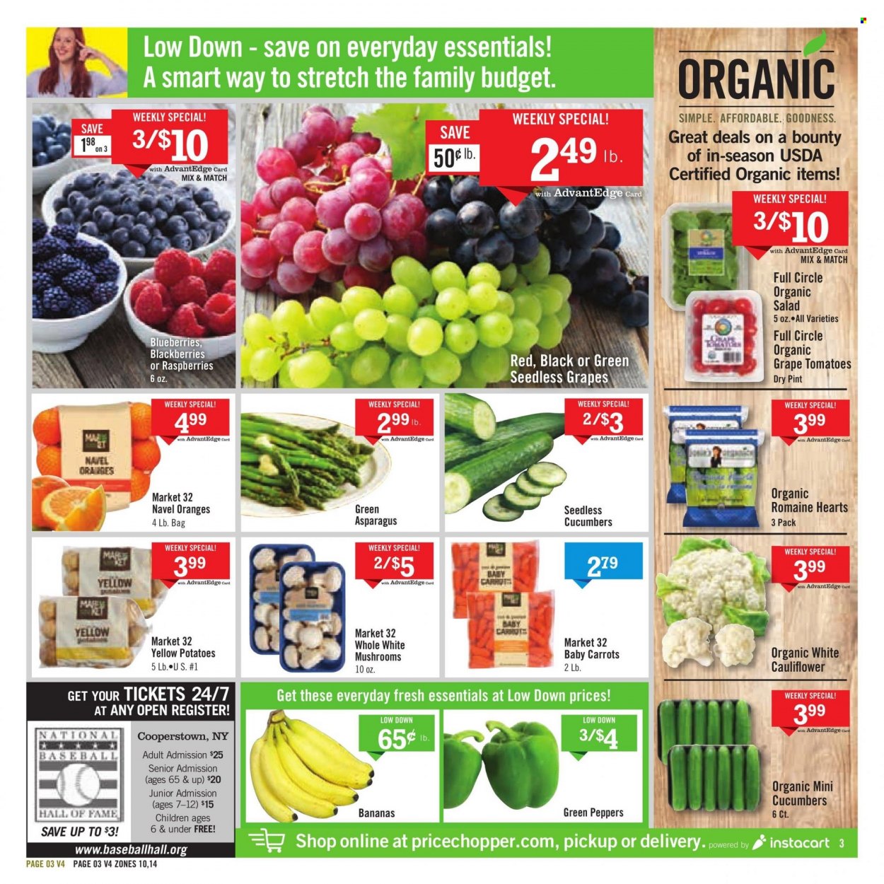 thumbnail - Price Chopper Flyer - 03/26/2023 - 04/01/2023 - Sales products - mushrooms, asparagus, carrots, cauliflower, cucumber, tomatoes, potatoes, salad, peppers, bananas, blackberries, blueberries, seedless grapes, oranges, Bounty, navel oranges. Page 3.