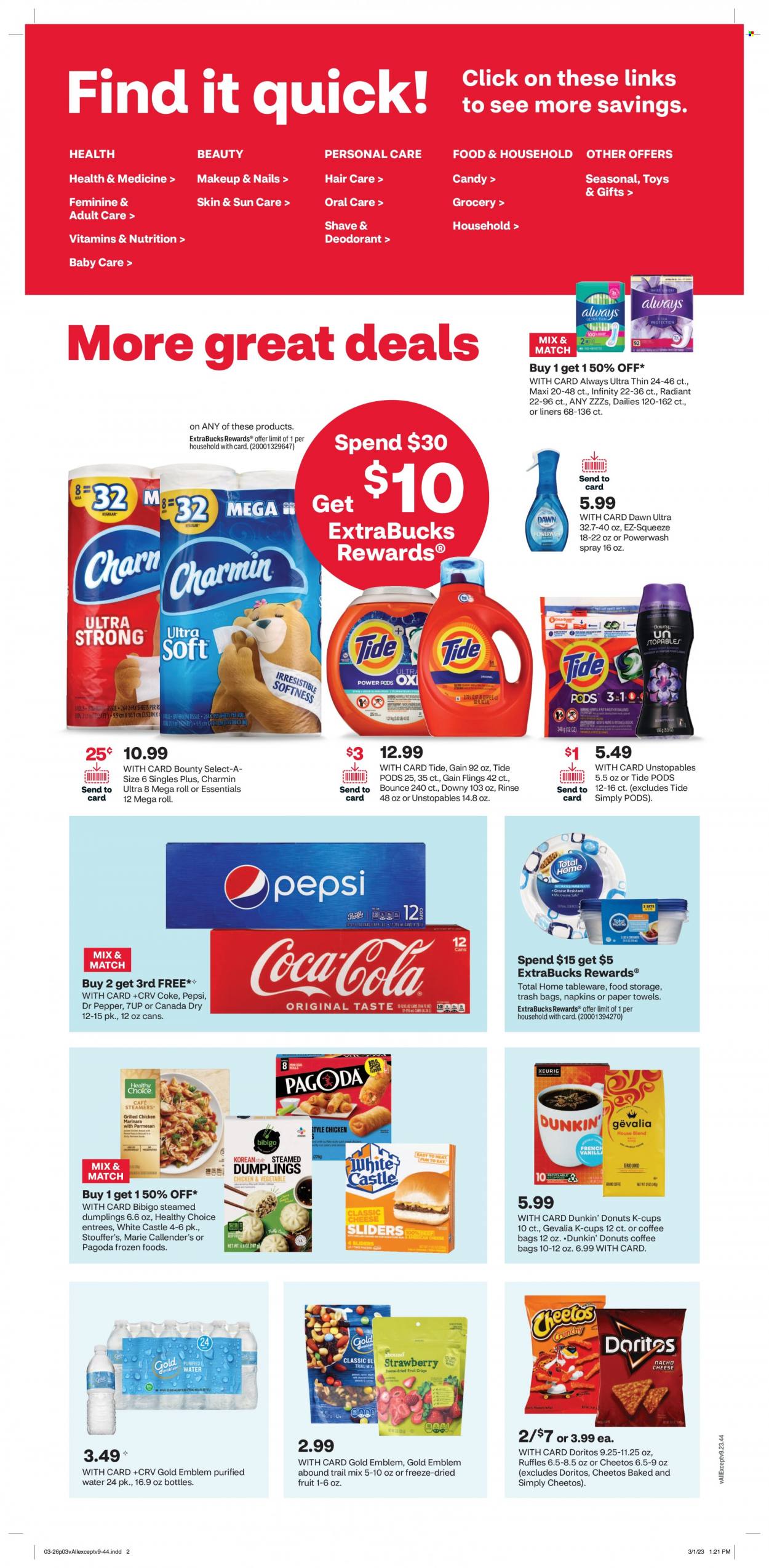thumbnail - CVS Pharmacy Flyer - 03/26/2023 - 04/01/2023 - Sales products - dumplings, Healthy Choice, Marie Callender's, Bounty, donut, Candy, Doritos, Cheetos, dried fruit, trail mix, Canada Dry, Coca-Cola, Pepsi, Dr. Pepper, 7UP, Coke, water, coffee capsules, K-Cups, Gevalia, Dunkin' Donuts, napkins, kitchen towels, paper towels, Charmin, Gain, Tide, Unstopables, Bounce, Downy Laundry, Always pads, anti-perspirant, deodorant, Castle, makeup. Page 4.