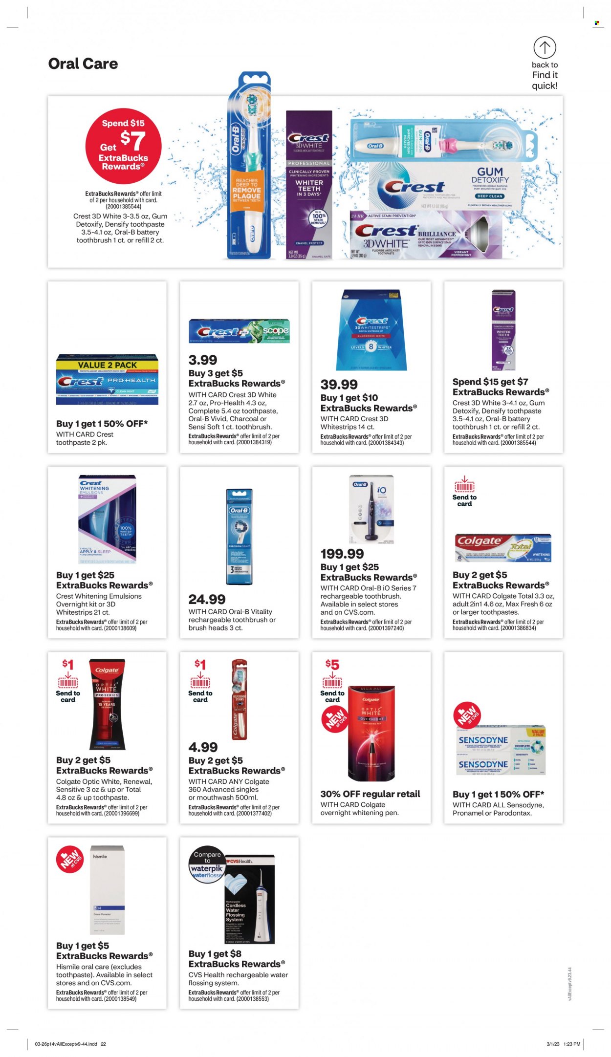 thumbnail - CVS Pharmacy Flyer - 03/26/2023 - 04/01/2023 - Sales products - water, Colgate, toothbrush, Oral-B, toothpaste, Sensodyne, mouthwash, Crest, pen. Page 17.