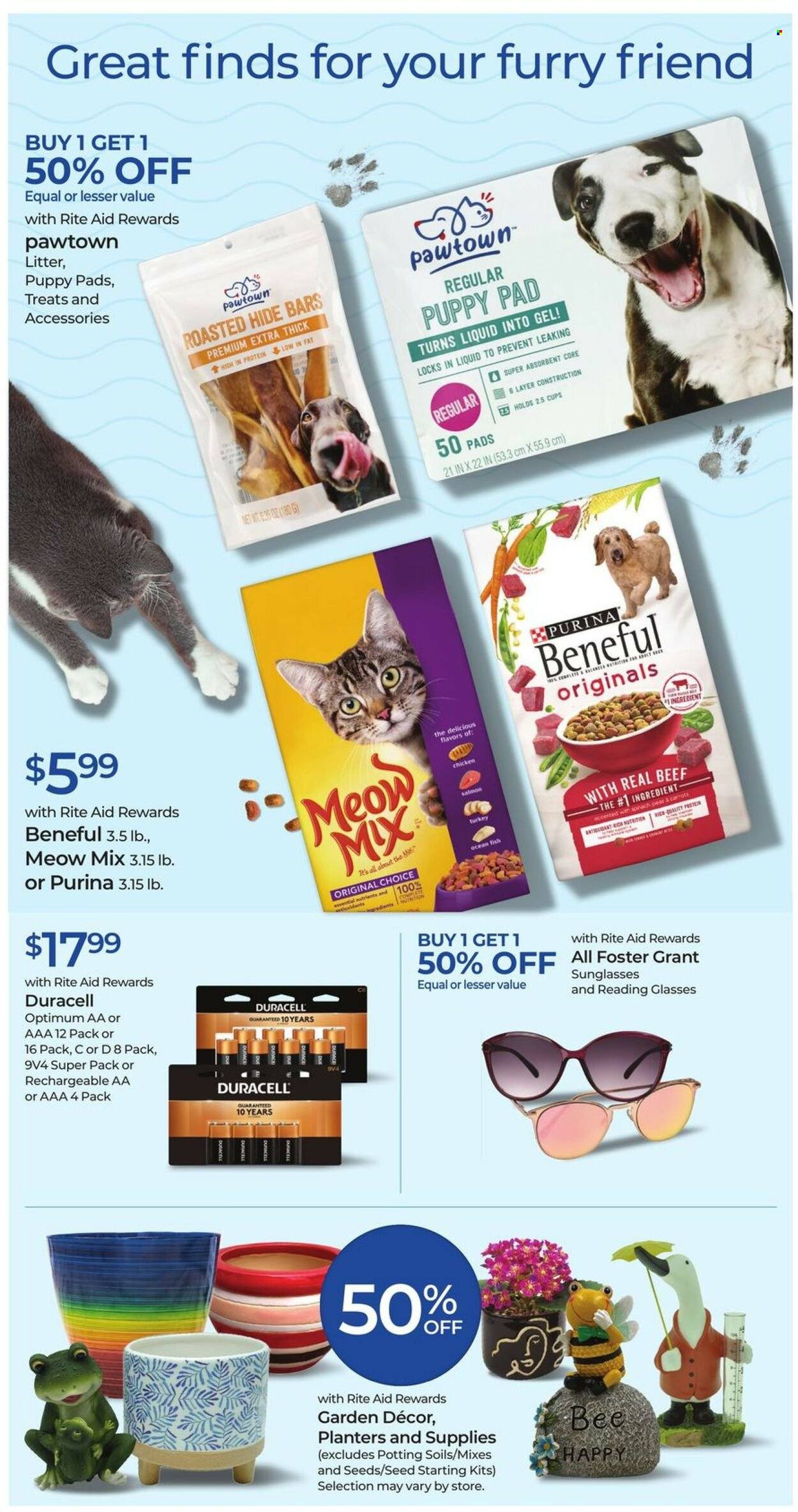 thumbnail - RITE AID Flyer - 03/26/2023 - 04/01/2023 - Sales products - salmon, Planters, cup, Duracell, puppy pads, Purina, Optimum, Meow Mix, sunglasses, plant seeds. Page 19.
