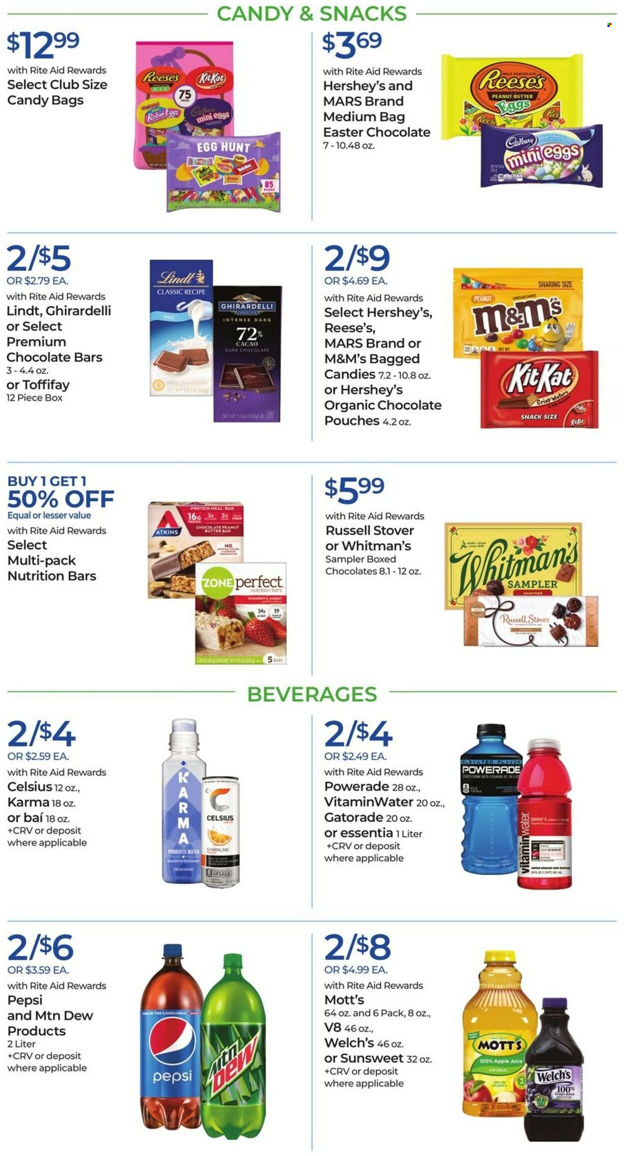 thumbnail - RITE AID Flyer - 03/26/2023 - 04/01/2023 - Sales products - Welch's, milk, Reese's, Hershey's, wafers, snack, Lindt, Mars, KitKat, M&M's, dark chocolate, Cadbury, chocolate egg, Ghirardelli, Mott's, chocolate bar, nutrition bar, Zone Perfect, peanut butter, apple juice, Mountain Dew, Powerade, Pepsi, juice, Gatorade, water. Page 27.