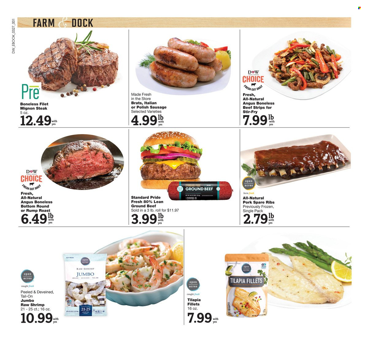 thumbnail - D&W Fresh Market Flyer - 03/26/2023 - 04/01/2023 - Sales products - tilapia, shrimps, roast, sausage, polish sausage, strips, beef meat, ground beef, steak, beef tenderloin, ribs, pork meat, pork ribs, pork spare ribs. Page 9.