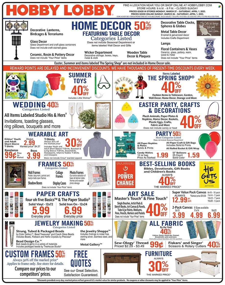 thumbnail - Hobby Lobby Flyer - 03/26/2023 - 04/01/2023 - Sales products - gift wrap, scissors, photo frame, paper, pencil, canvas, balloons, napkins, pillow, wall decor, vase. Page 1.