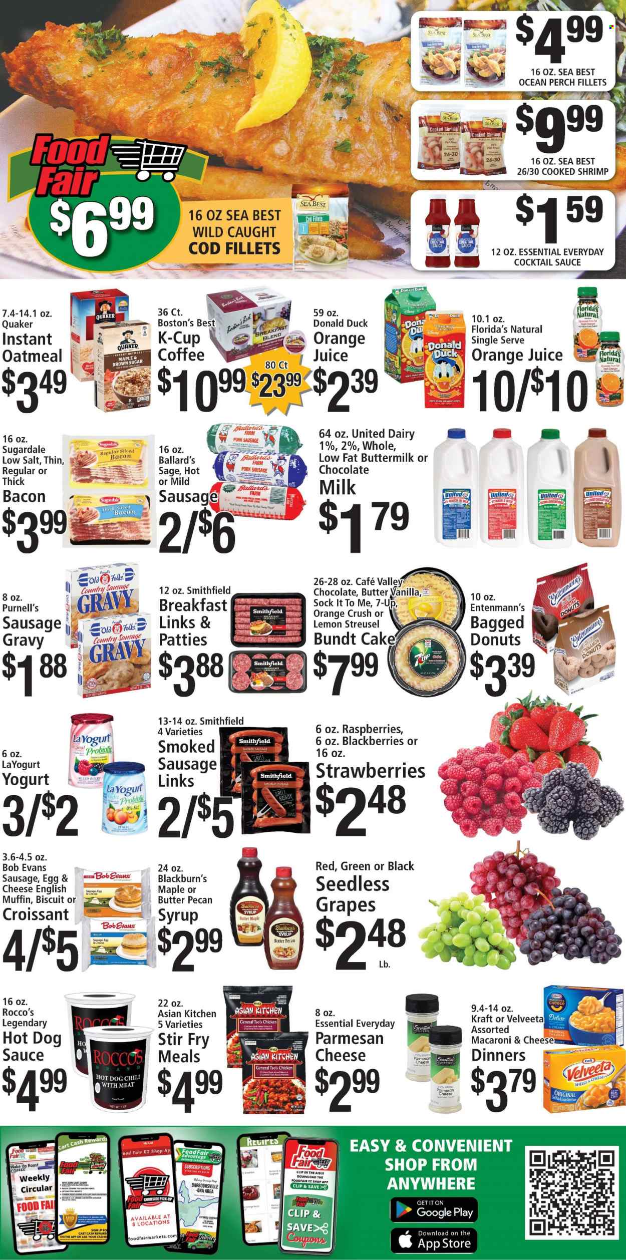 thumbnail - Food Fair Market Flyer - 03/26/2023 - 04/01/2023 - Sales products - english muffins, cake, bundt, donut, muffin, Entenmann's, blackberries, grapes, seedless grapes, strawberries, cod, perch, seafood, shrimps, macaroni & cheese, sausage gravy, hot dog, pasta, sauce, pancakes, Quaker, Kraft®, Bob Evans, Sugardale, roast, sausage, smoked sausage, pork sausage, bacon sausage, parmesan, Disney, yoghurt, buttermilk, milk chocolate, biscuit, Digestive, Florida's Natural, cane sugar, oatmeal, cinnamon, cocktail sauce, syrup, orange juice, juice, 7UP, coffee, coffee capsules, K-Cups, breakfast blend, chicken. Page 2.