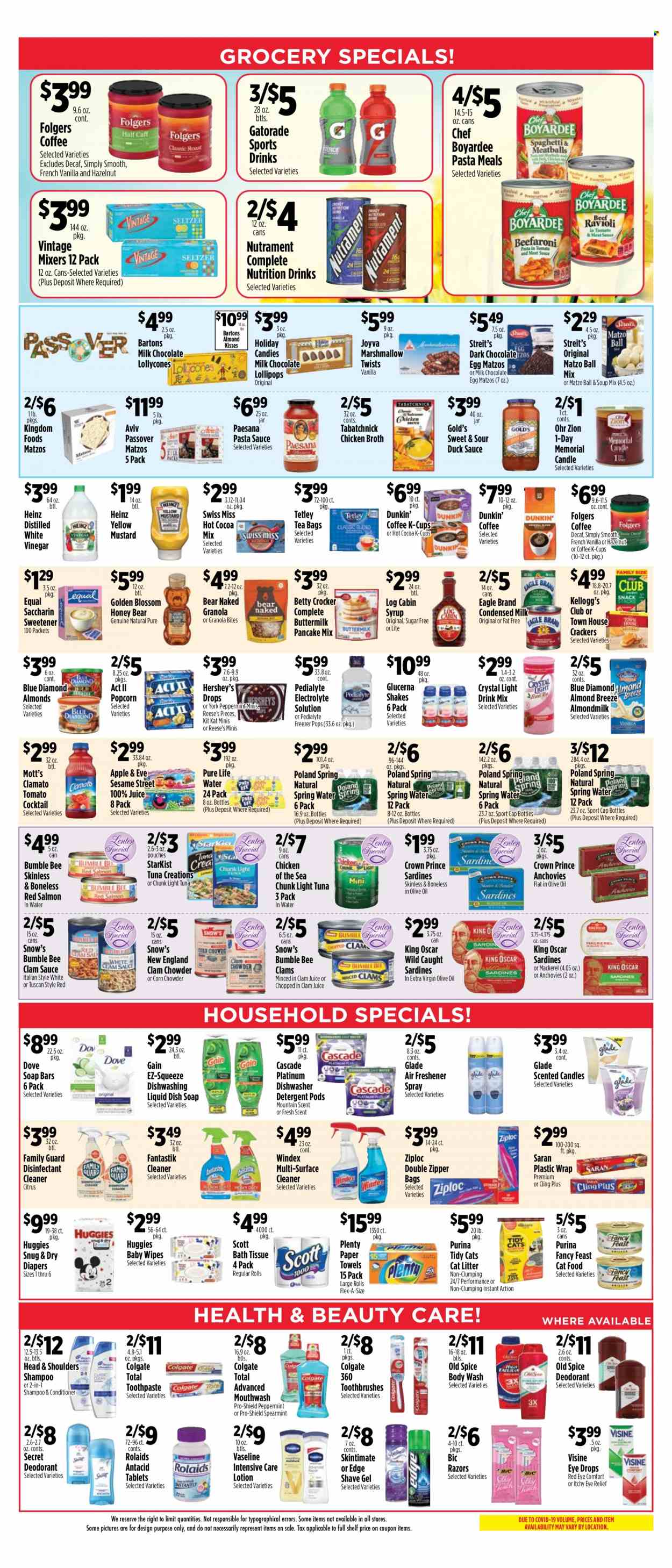 thumbnail - Pioneer Supermarkets Flyer - 03/26/2023 - 04/01/2023 - Sales products - corn, Mott's, mackerel, sardines, StarKist, pasta sauce, soup mix, soup, Bumble Bee, sauce, pancakes, Swiss Miss, almond milk, buttermilk, condensed milk, Almond Breeze, shake, Blossom, Reese's, Hershey's, Dove, marshmallows, milk chocolate, KitKat, crackers, lollipop, Kellogg's, dark chocolate, Sesame Street, popcorn, chicken broth, broth, sweetener, anchovies, tuna in water, Heinz, light tuna, Chicken of the Sea, clam chowder, Chef Boyardee, granola, spice, duck sauce, mustard, extra virgin olive oil, vinegar, honey, syrup, Blue Diamond, juice, Clamato, Gatorade, Pedialyte, spring water, Pure Life Water, water, hot cocoa, tea bags, coffee, Folgers, coffee capsules, K-Cups, wipes, Huggies, baby wipes, nappies, bath tissue, Scott, Plenty, kitchen towels, paper towels, detergent, Gain, Windex, surface cleaner, cleaner, desinfection, Cascade, dishwashing liquid, body wash, shampoo, Old Spice, Vaseline, soap, Colgate, toothpaste, mouthwash, conditioner, Head & Shoulders, body lotion, BIC, shave gel. Page 3.