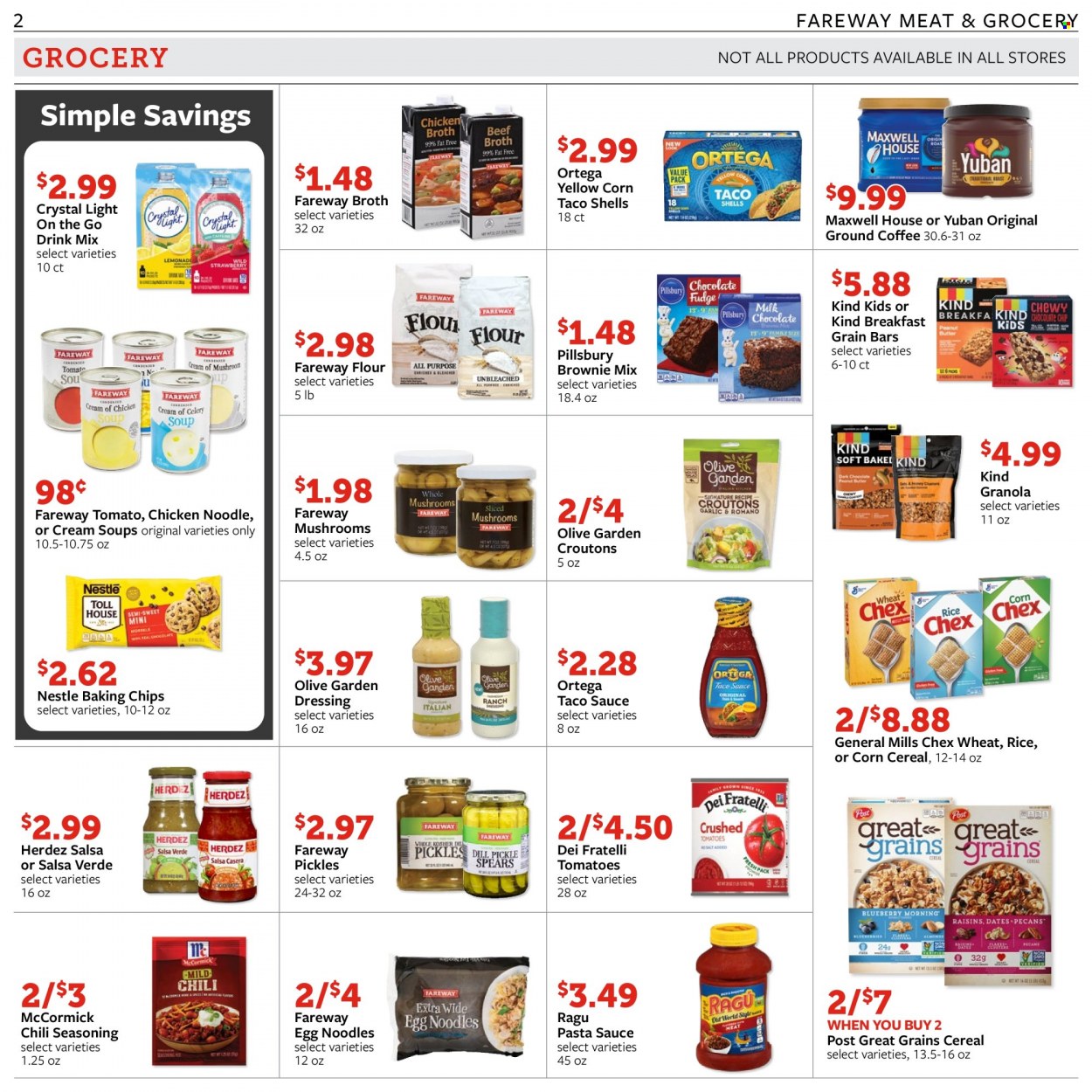 thumbnail - Fareway Flyer - 03/27/2023 - 04/01/2023 - Sales products - mushrooms, brownie mix, corn, tomatoes, pasta sauce, sauce, Pillsbury, noodles, ragú pasta, Nestlé, croutons, broth, baking chips, pickles, cereals, granola, rice, egg noodles, spice, taco sauce, dressing, salsa, ragu, Maxwell House, coffee, ground coffee. Page 2.