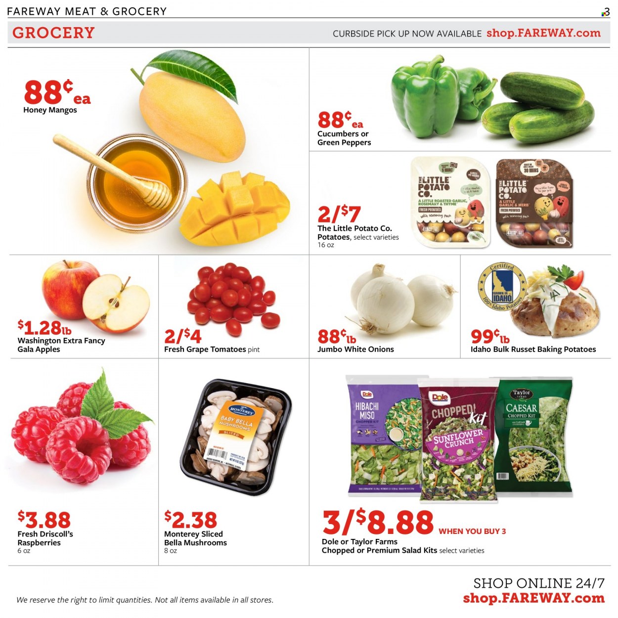 thumbnail - Fareway Flyer - 03/27/2023 - 04/01/2023 - Sales products - mushrooms, cucumber, russet potatoes, tomatoes, potatoes, onion, salad, Dole, peppers, apples, Gala, mango, rosemary, spice, caesar dressing, miso, dressing. Page 3.