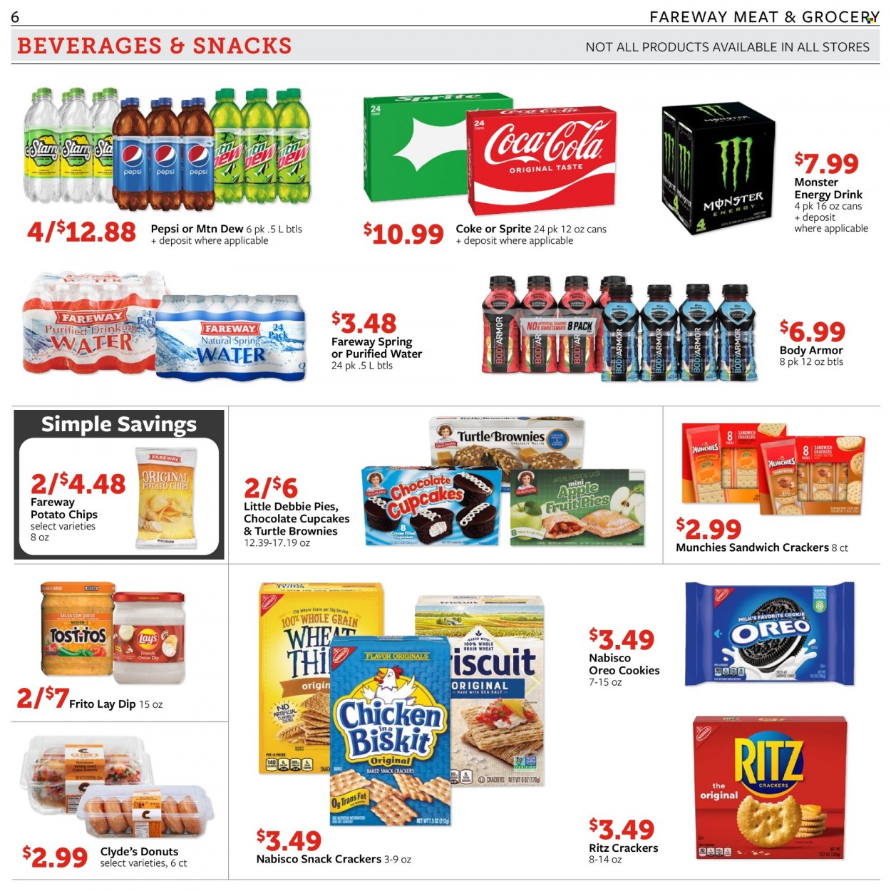 thumbnail - Fareway Flyer - 03/27/2023 - 04/01/2023 - Sales products - cake, cupcake, brownies, donut, Oreo, cookies, snack, crackers, RITZ, potato chips, chips, Lay’s, salsa, Coca-Cola, Mountain Dew, Sprite, Pepsi, Body Armor, energy drink, Monster, Monster Energy, Coke, spring water, purified water, water, chicken, Omo. Page 6.