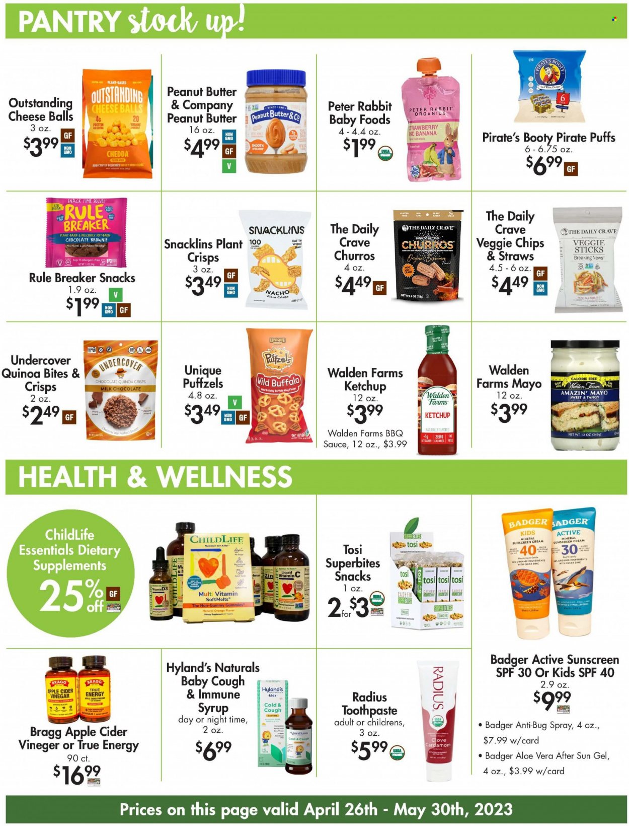 thumbnail - Buehler's Flyer - 04/26/2023 - 05/30/2023 - Sales products - puffs, brownies, oranges, mayonnaise, cheese balls, milk chocolate, snack, chips, churros, quinoa, BBQ sauce, ketchup, apple cider vinegar, peanut butter, syrup, Monster, water, toothpaste, bag, straw, meal box, zinc, vitamin D3, dietary supplement. Page 4.