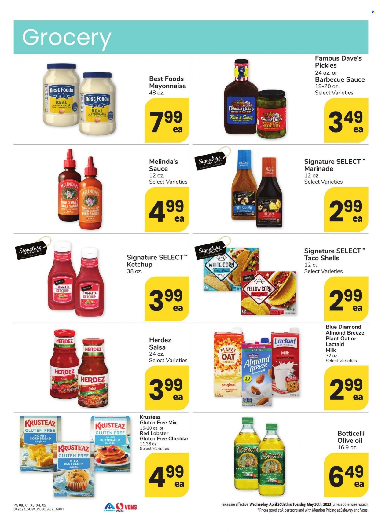 thumbnail - Albertsons Flyer - 04/26/2023 - 05/30/2023 - Sales products - corn bread, muffin mix, corn, lobster, red lobster, sauce, pancakes, Lactaid, buttermilk, Almond Breeze, oat milk, mayonnaise, chips, pickles, herbs, BBQ sauce, ketchup, chilli sauce, salsa, marinade, wing sauce, extra virgin olive oil, olive oil, oil, honey, Blue Diamond. Page 8.