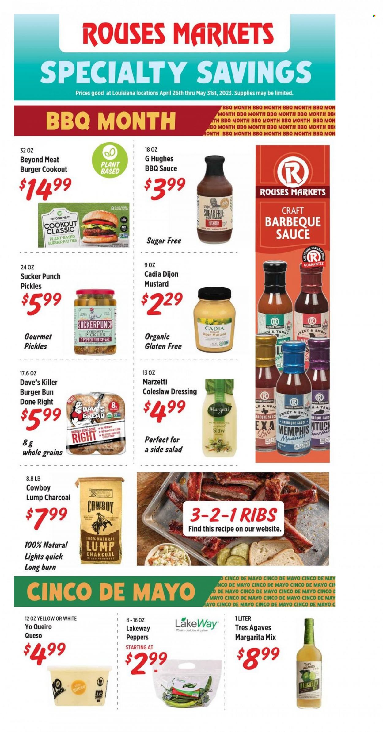thumbnail - Rouses Markets Flyer - 04/26/2023 - 05/31/2023 - Sales products - bread, buns, burger buns, coleslaw, sauce, pickles, pepper, BBQ sauce, mustard, dressing, coleslaw dressing, Margarita Mix, ribs, burger patties, rose. Page 1.