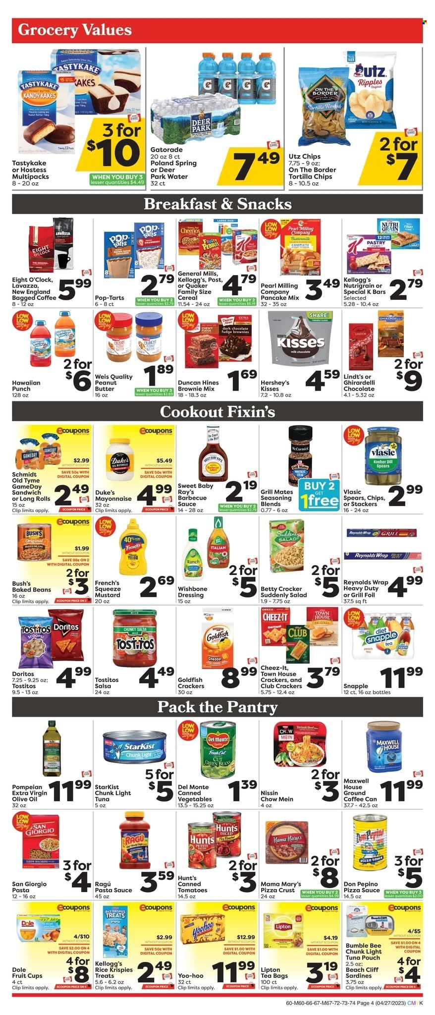 thumbnail - Weis Flyer - 04/27/2023 - 05/31/2023 - Sales products - brownie mix, pancake mix, Dole, fruit cup, steak, sardines, tuna, StarKist, pasta sauce, Bumble Bee, sauce, Quaker, Nissin, ragú pasta, cheese, mayonnaise, Hershey's, fudge, snack, crackers, Kellogg's, dark chocolate, Pop-Tarts, Ghirardelli, Doritos, tortilla chips, chips, Goldfish, Cheez-It, Tostitos, light tuna, baked beans, Del Monte, cereals, Cheerios, Rice Krispies, dill, spice, BBQ sauce, mustard, dressing, salsa, ragu, extra virgin olive oil, olive oil, oil, peanut butter, Lipton, Snapple, Gatorade, water, Maxwell House, tea bags, coffee, bagged coffee, Lavazza, Eight O'Clock. Page 4.