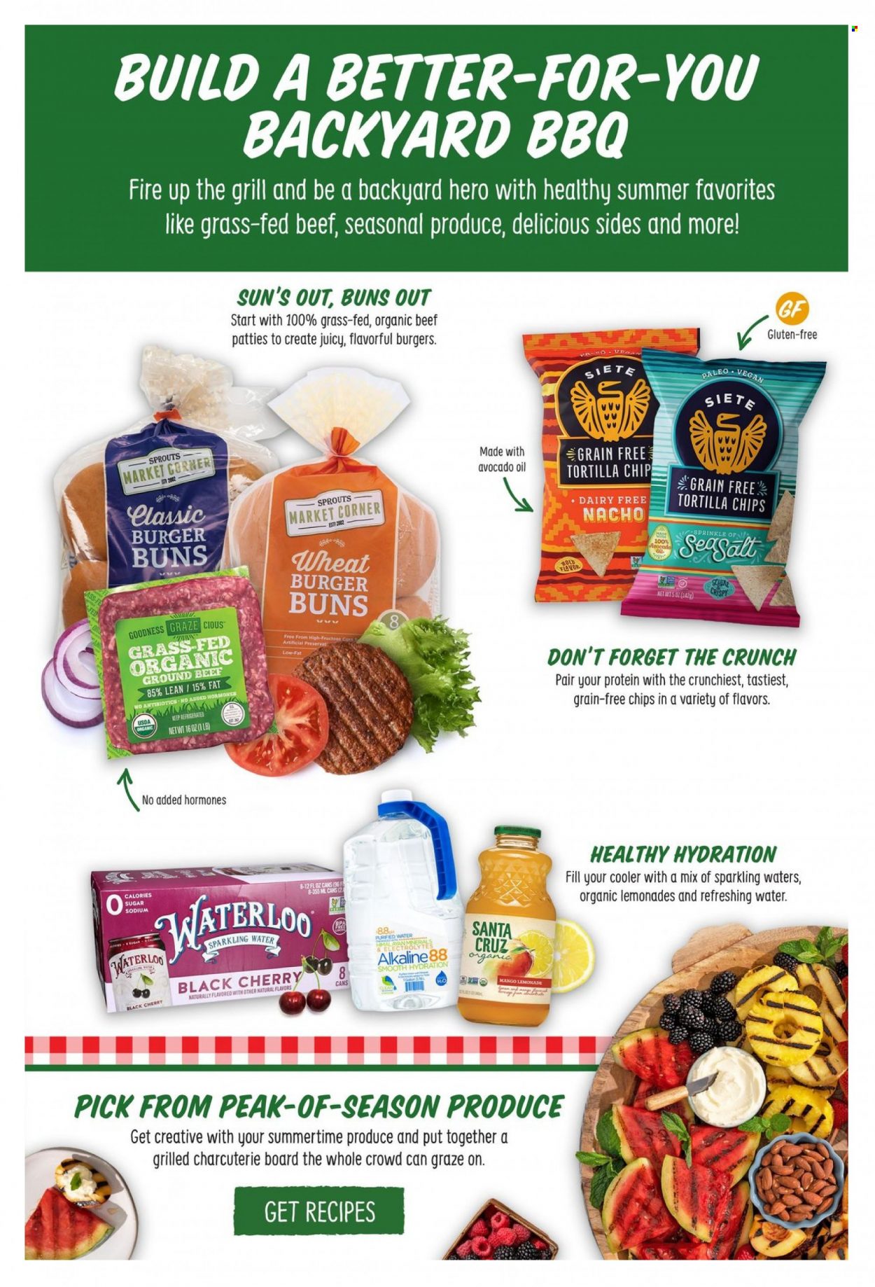 thumbnail - Sprouts Flyer - 04/26/2023 - 05/30/2023 - Sales products - buns, burger buns, cherries, tortilla chips, chips, sugar, sea salt, Graze, lemonade, sparkling water, water, beef meat, ground beef. Page 12.