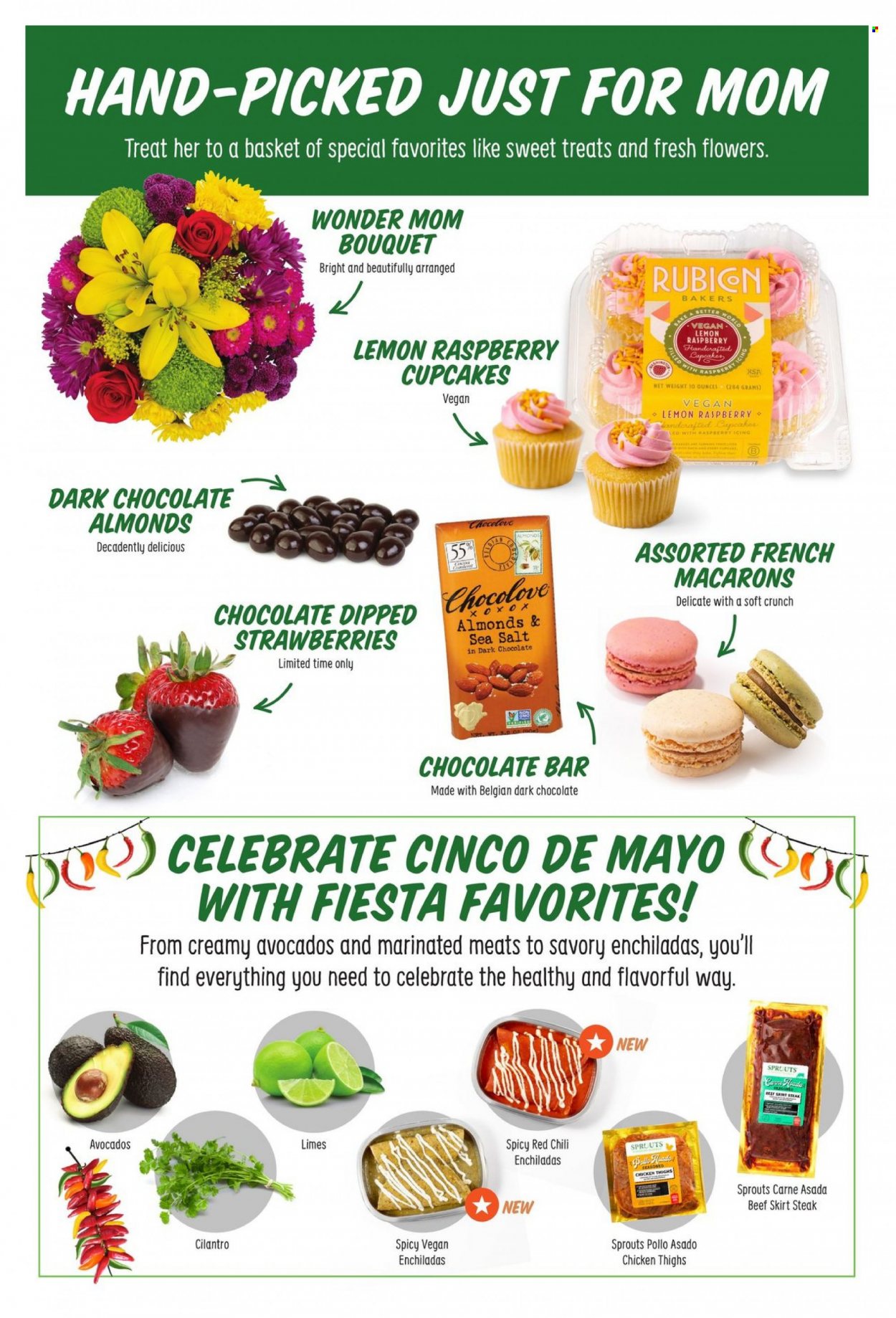 thumbnail - Sprouts Flyer - 04/26/2023 - 05/30/2023 - Sales products - cupcake, macaroons, avocado, limes, enchiladas, dark chocolate, chocolate bar, cilantro, chicken thighs, chicken, steak, Bakers. Page 13.