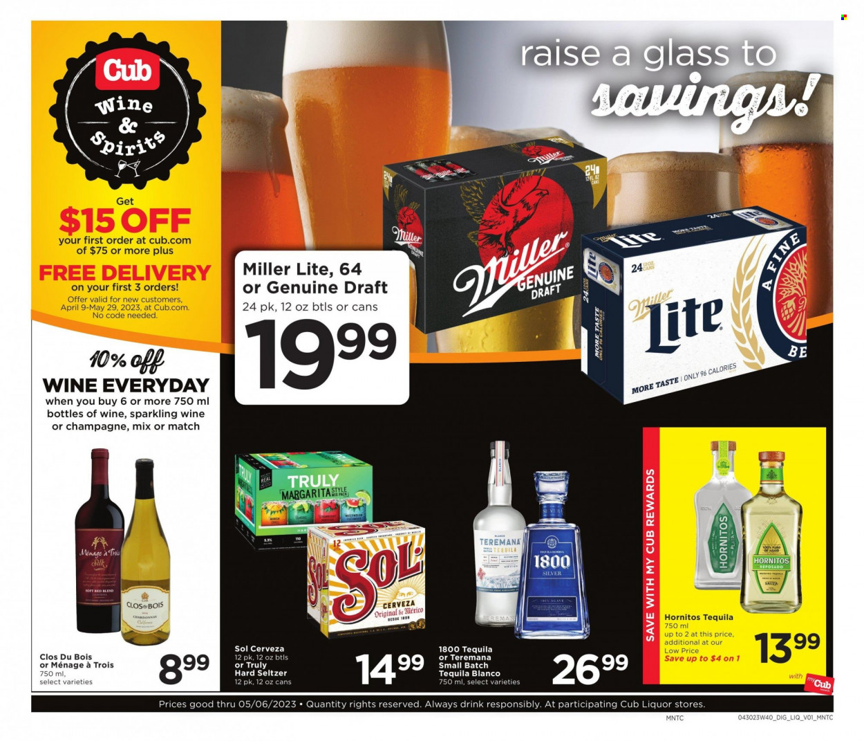 thumbnail - Cub Foods Flyer - 04/30/2023 - 06/03/2023 - Sales products - Silk, sparkling wine, champagne, wine, tequila, Hard Seltzer, TRULY, beer, Sol, Miller Lite. Page 1.