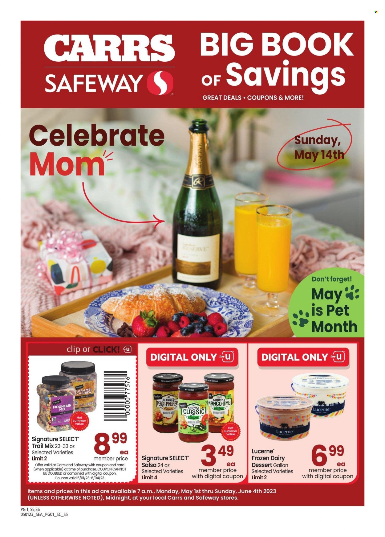 thumbnail - Safeway Flyer - 05/01/2023 - 06/04/2023 - Sales products - dessert, mango, perch, salsa, trail mix, gallon. Page 1.