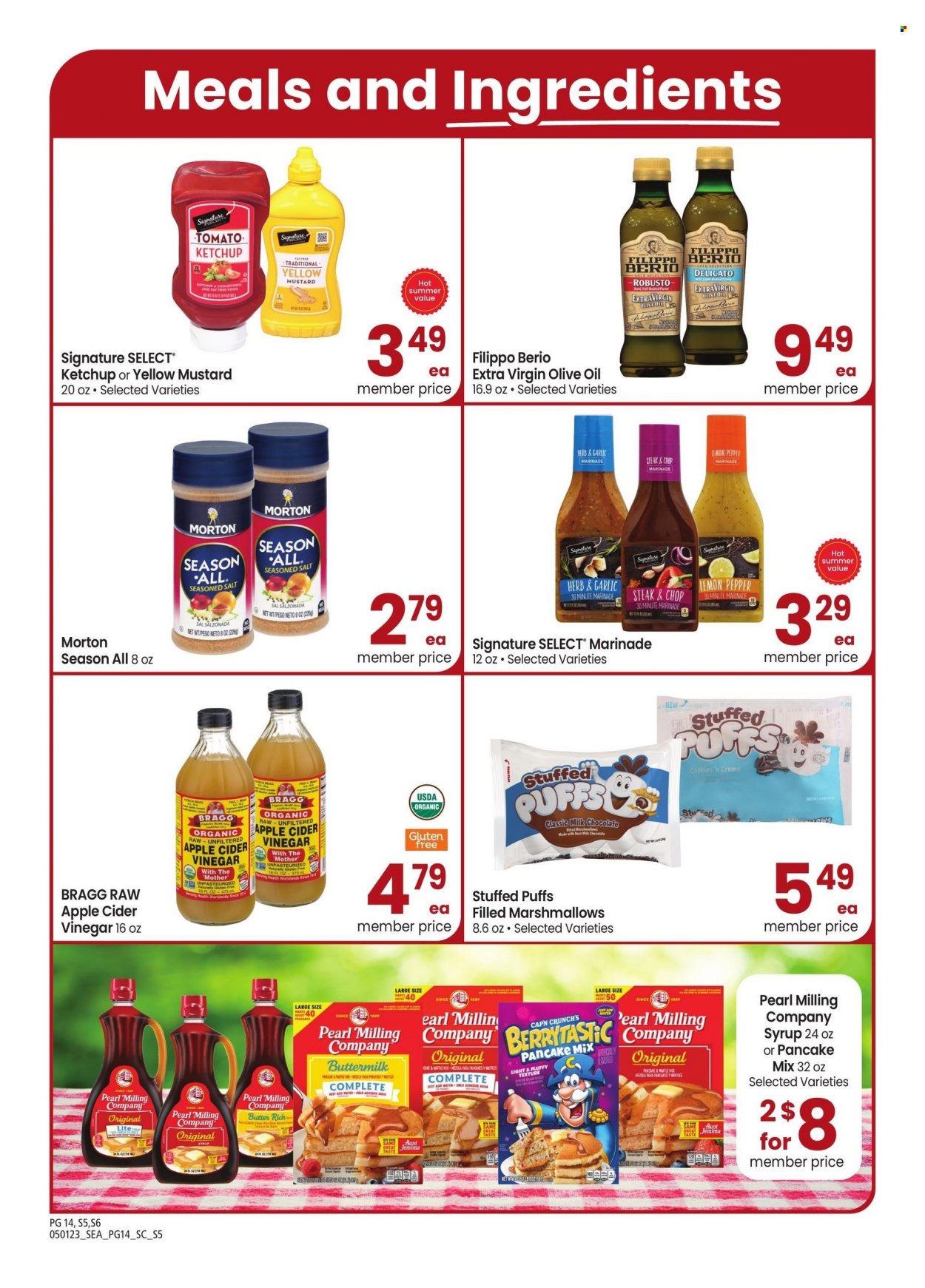 thumbnail - Safeway Flyer - 05/01/2023 - 06/04/2023 - Sales products - puffs, steak, buttermilk, cookies, marshmallows, milk chocolate, chocolate, mustard, ketchup, marinade, apple cider vinegar, extra virgin olive oil, vinegar, olive oil, oil, syrup, Signal. Page 13.