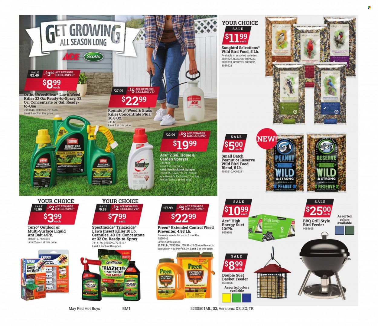 thumbnail - ACE Hardware Flyer - 05/01/2023 - 05/31/2023 - Sales products - Ace, mixed nuts, insect killer, animal food, bird feeder, suet basket feeder, bird food, mealworms, grill, sprayer, Roundup. Page 3.