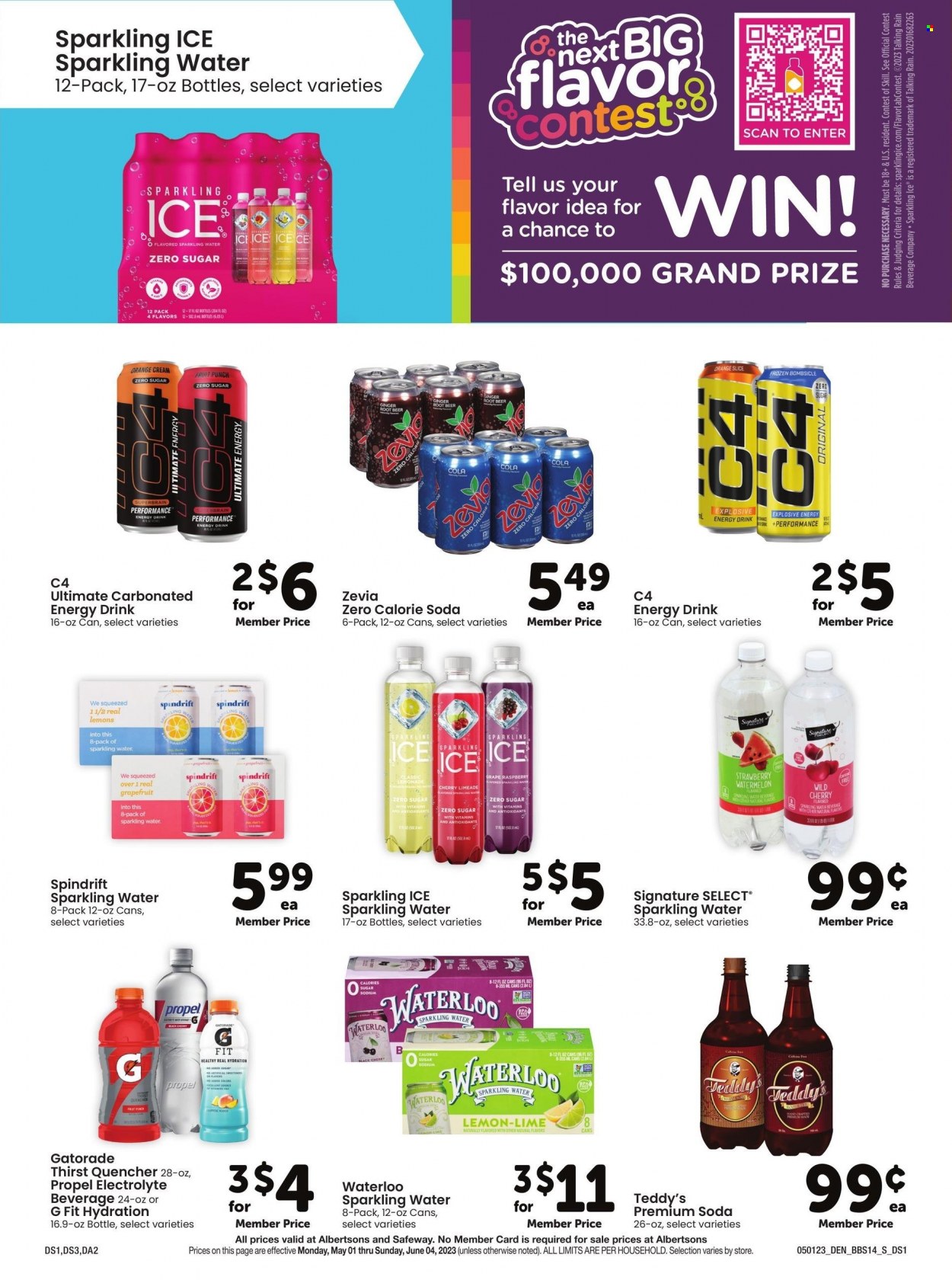 thumbnail - Albertsons Flyer - 05/01/2023 - 06/04/2023 - Sales products - grapefruits, watermelon, cherries, oranges, energy drink, Spindrift, Gatorade, fruit punch, soda, sparkling water, water, Signal. Page 14.