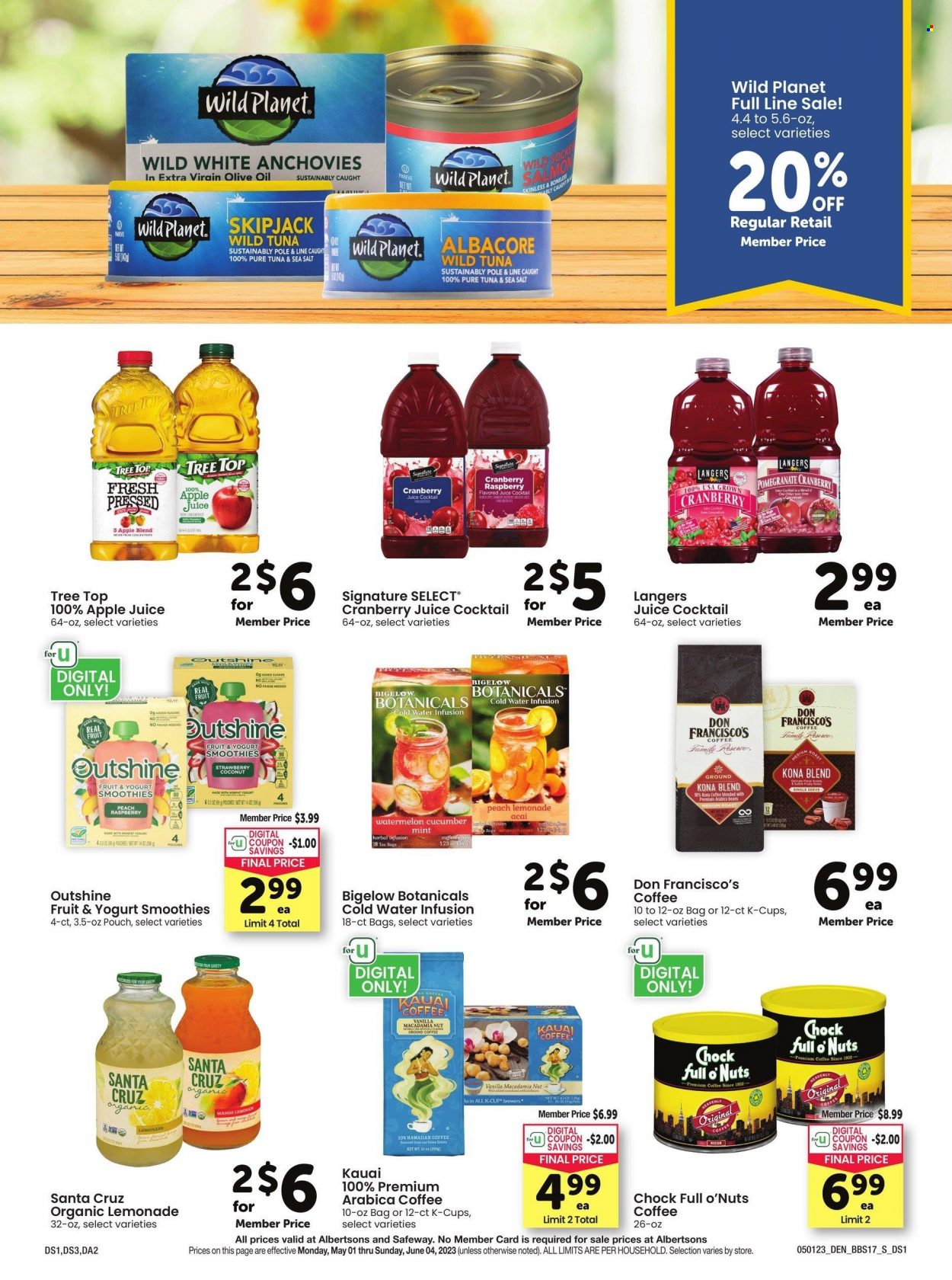 thumbnail - Albertsons Flyer - 05/01/2023 - 06/04/2023 - Sales products - watermelon, coconut, tuna, yoghurt, brewer, anchovies, extra virgin olive oil, oil, macadamia nuts, apple juice, cranberry juice, lemonade, juice, smoothie, water, coffee, coffee capsules, K-Cups, Ron Pelicano, pomegranate. Page 17.