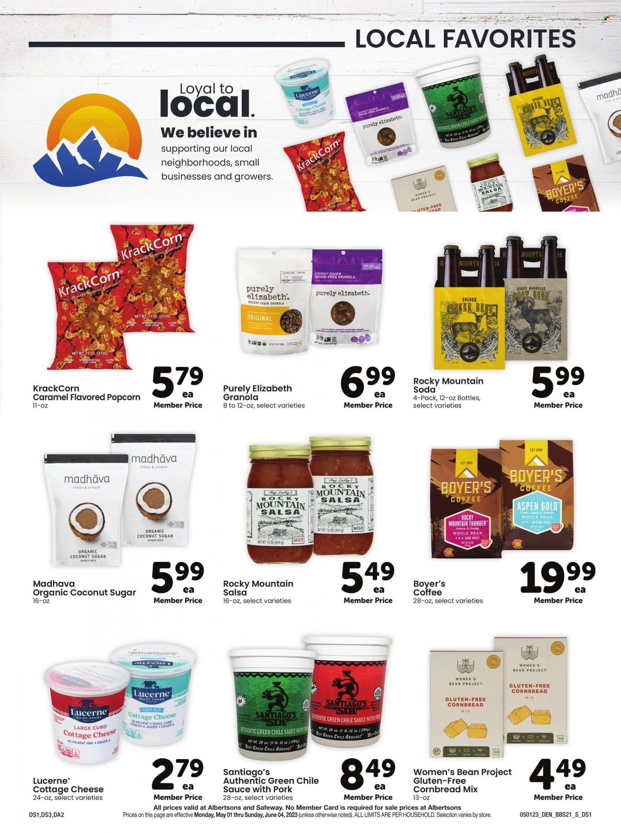 thumbnail - Albertsons Flyer - 05/01/2023 - 06/04/2023 - Sales products - corn bread, coconut, sauce, cottage cheese, cheese, curd, popcorn, sugar, coconut sugar, granola, caramel, salsa, soda, coffee, beer. Page 22.