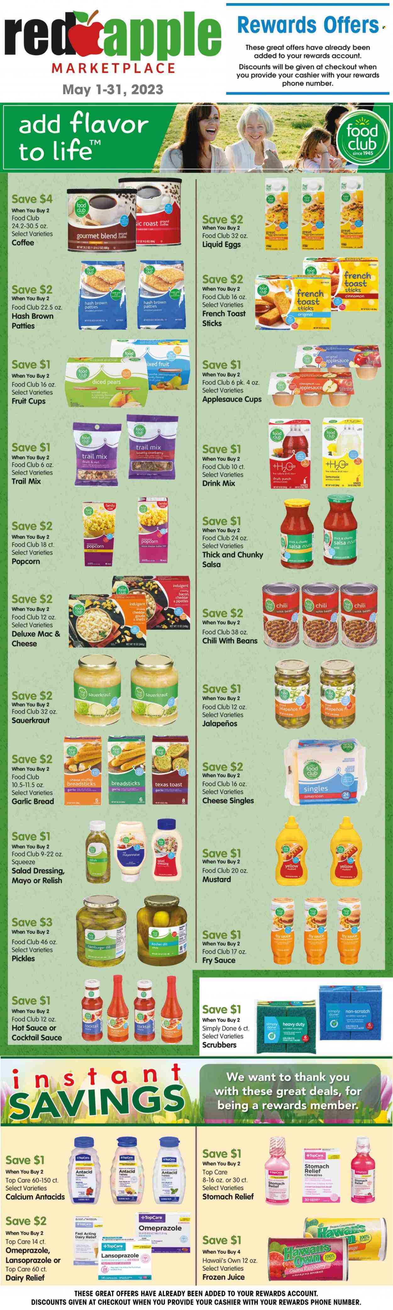 thumbnail - Red Apple Marketplace Flyer - 05/01/2023 - 05/31/2023 - Sales products - bread, potatoes, Bartlett pears, guava, pineapple, pears, fruit cup, hamburger, roast, bacon, gouda, eggs, mayonnaise, Bounty, bread sticks, popcorn, sauerkraut, pickles, dill, cinnamon, cocktail sauce, mustard, salad dressing, hot sauce, ketchup, dressing, salsa, apple sauce, trail mix, lemonade, juice, fruit juice, fruit punch, water, coffee, ground coffee, peaches. Page 1.
