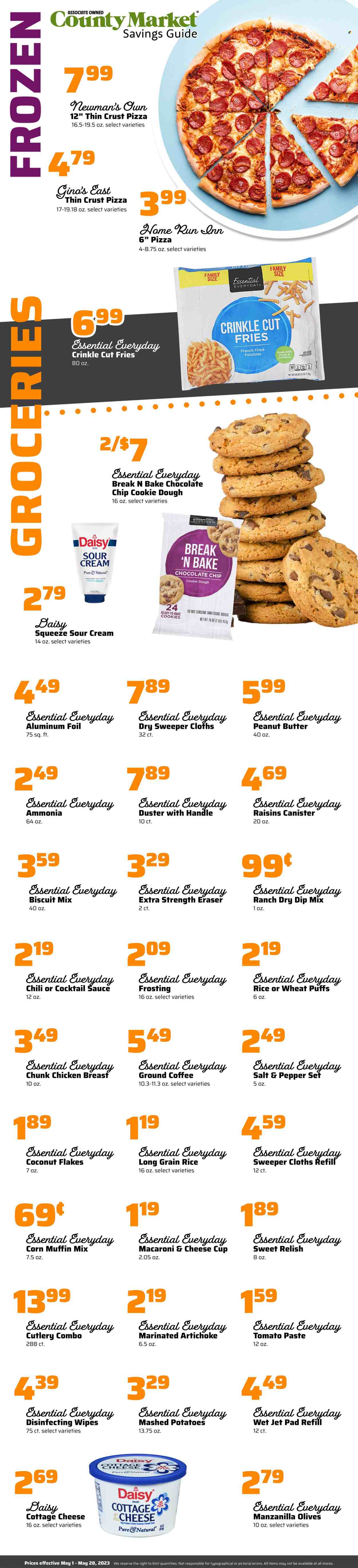 thumbnail - County Market Flyer - 05/01/2023 - 05/28/2023 - Sales products - puffs, muffin, muffin mix, artichoke, corn, macaroni & cheese, mashed potatoes, pizza, sauce, cottage cheese, cheese cup, sour cream, dip, potato fries, cookie dough, cookies, chocolate chips, biscuit, frosting, corn muffin, tomato paste, olives, long grain rice, cocktail sauce, peanut butter, flaked coconut, raisins, dried fruit, coffee, ground coffee, chicken breasts, chicken. Page 1.