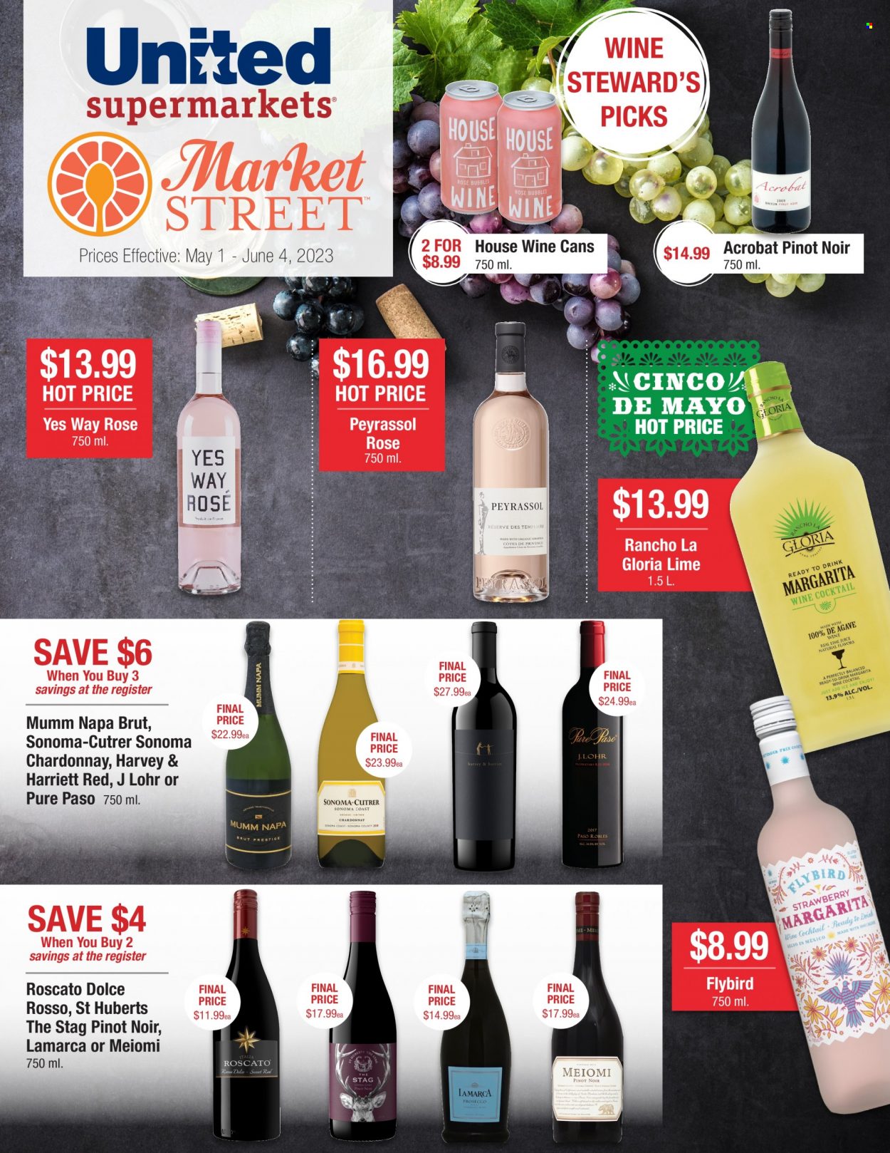 thumbnail - United Supermarkets Flyer - 05/01/2023 - 06/04/2023 - Sales products - grapes, red wine, sparkling wine, white wine, prosecco, Chardonnay, wine, Pinot Noir. Page 2.