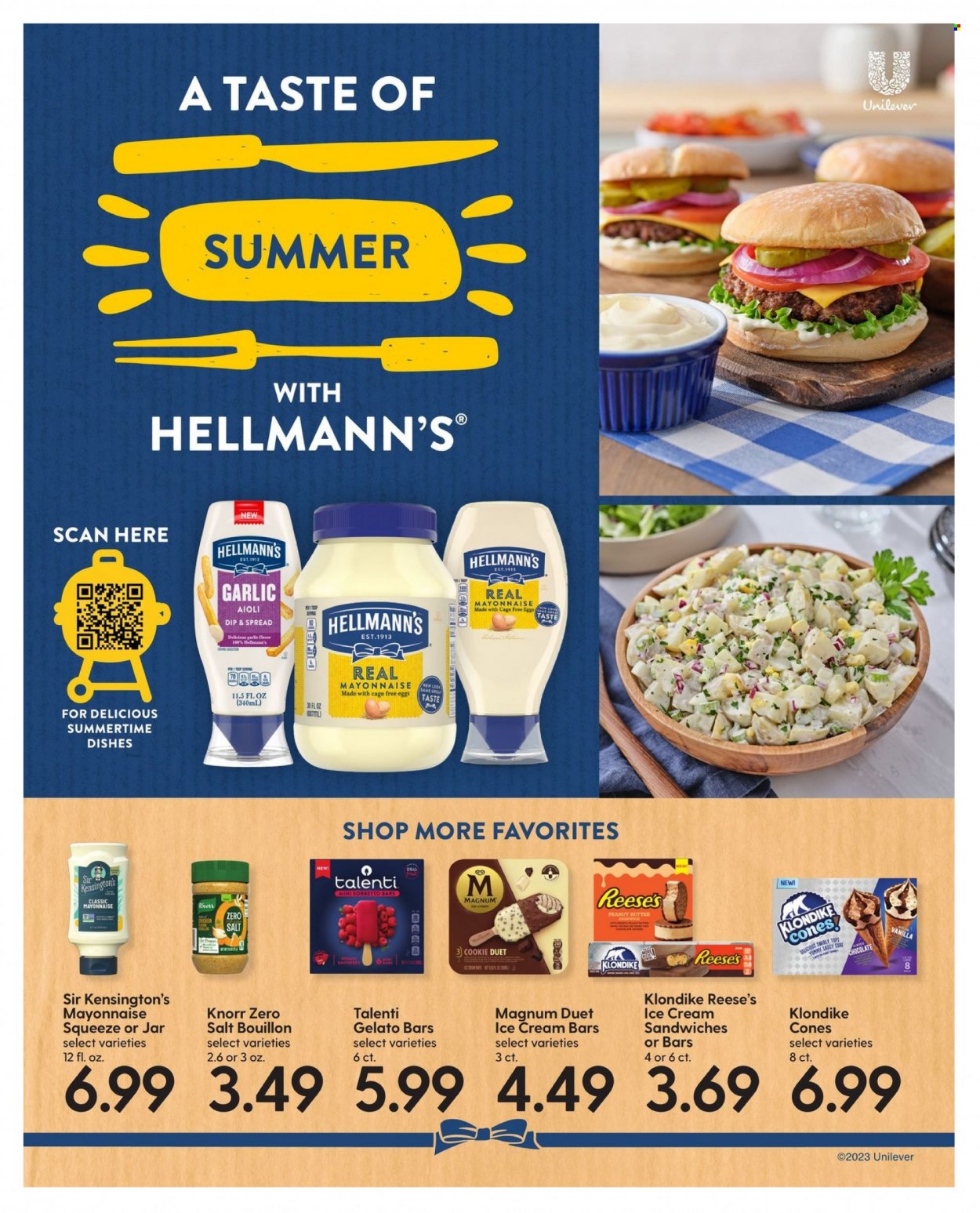 thumbnail - Hy-Vee Flyer - 05/01/2023 - 05/31/2023 - Sales products - garlic, Knorr, eggs, cage free eggs, mayonnaise, Hellmann’s, Magnum, ice cream, ice cream bars, ice cream sandwich, Reese's, Talenti Gelato, gelato, bouillon, peanut butter, chicken, jar, tops. Page 18.