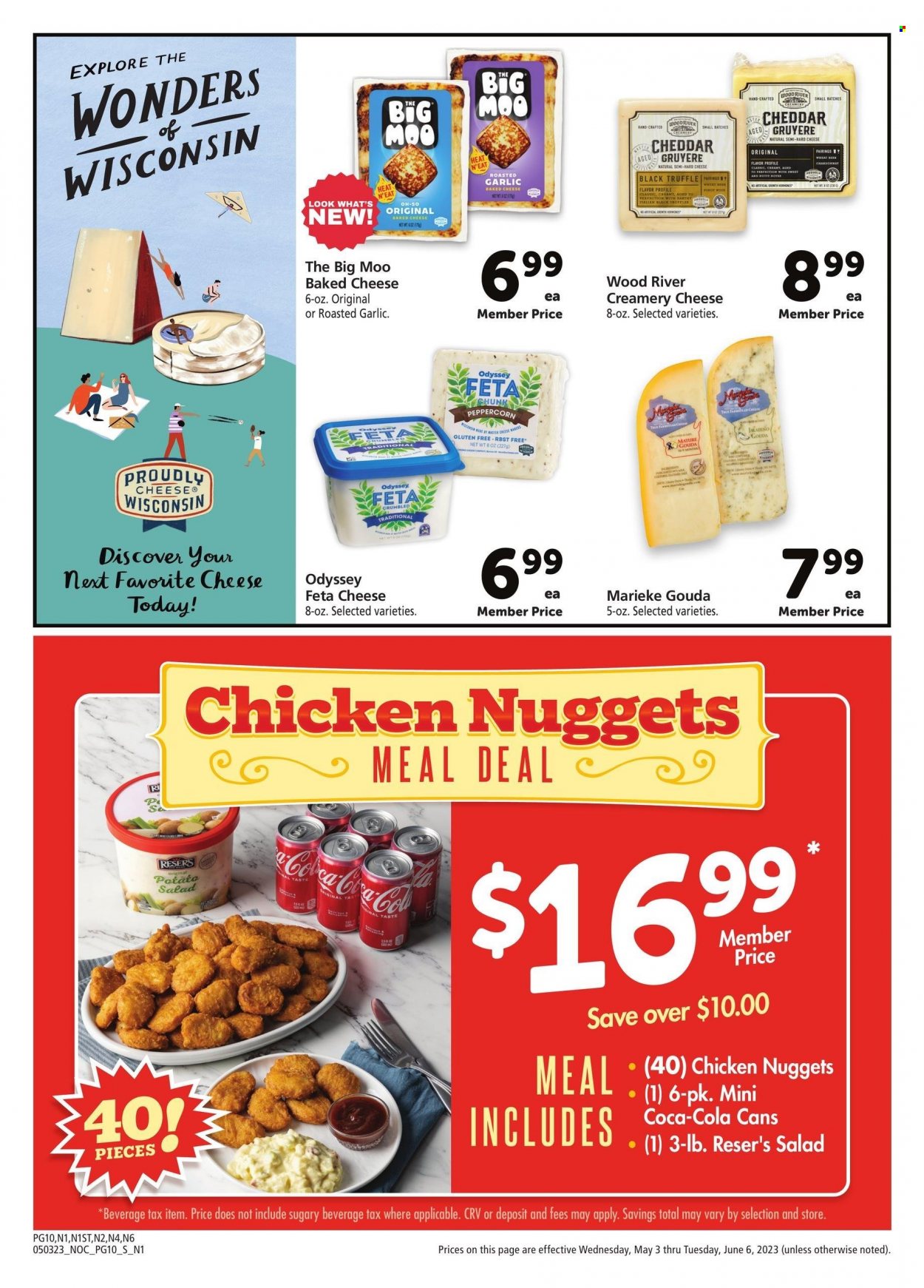 thumbnail - Safeway Flyer - 05/03/2023 - 06/06/2023 - Sales products - salad, chicken, nuggets, chicken nuggets, gouda, Gruyere, cheddar, cheese, feta, Coca-Cola. Page 10.