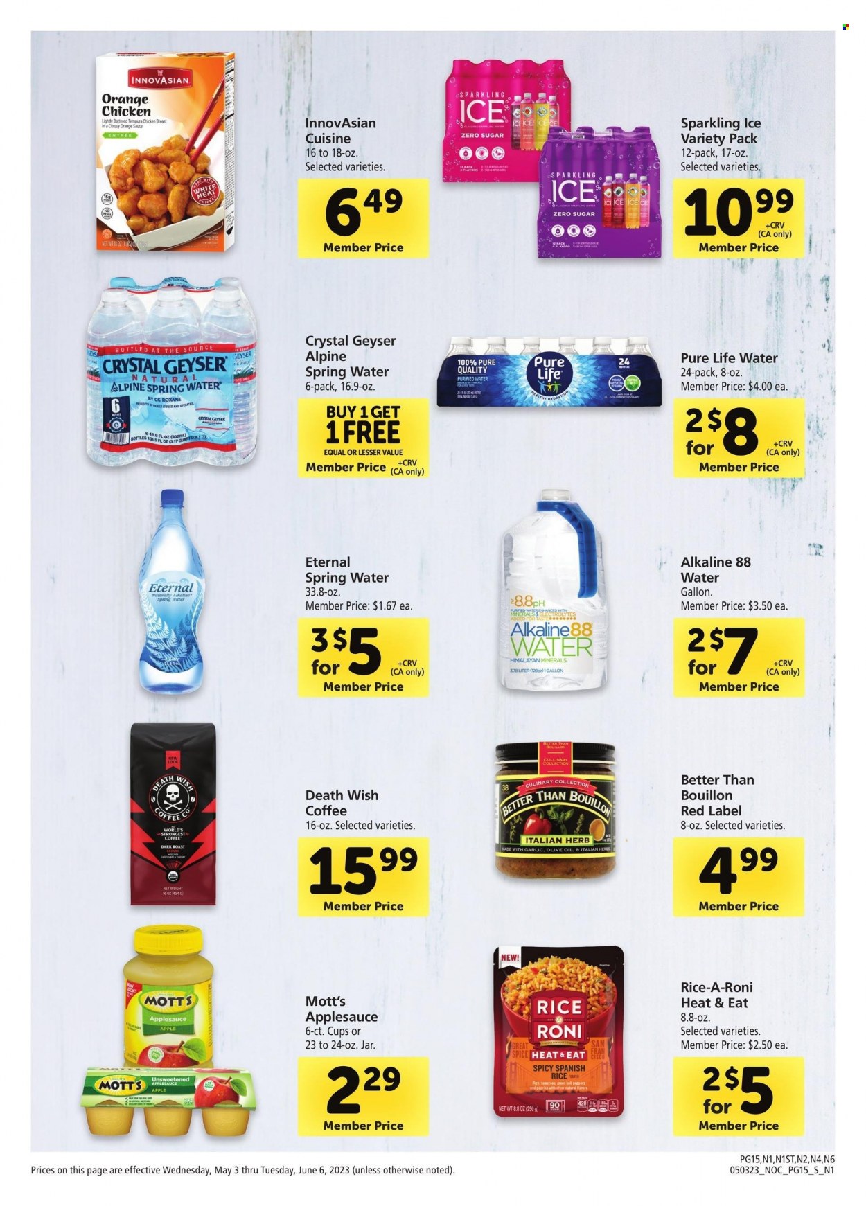thumbnail - Safeway Flyer - 05/03/2023 - 06/06/2023 - Sales products - oranges, Mott's, chicken breasts, chicken, sauce, bouillon, rice, herbs, olive oil, oil, apple sauce, spring water, purified water, Pure Life Water, water, coffee, cup. Page 15.