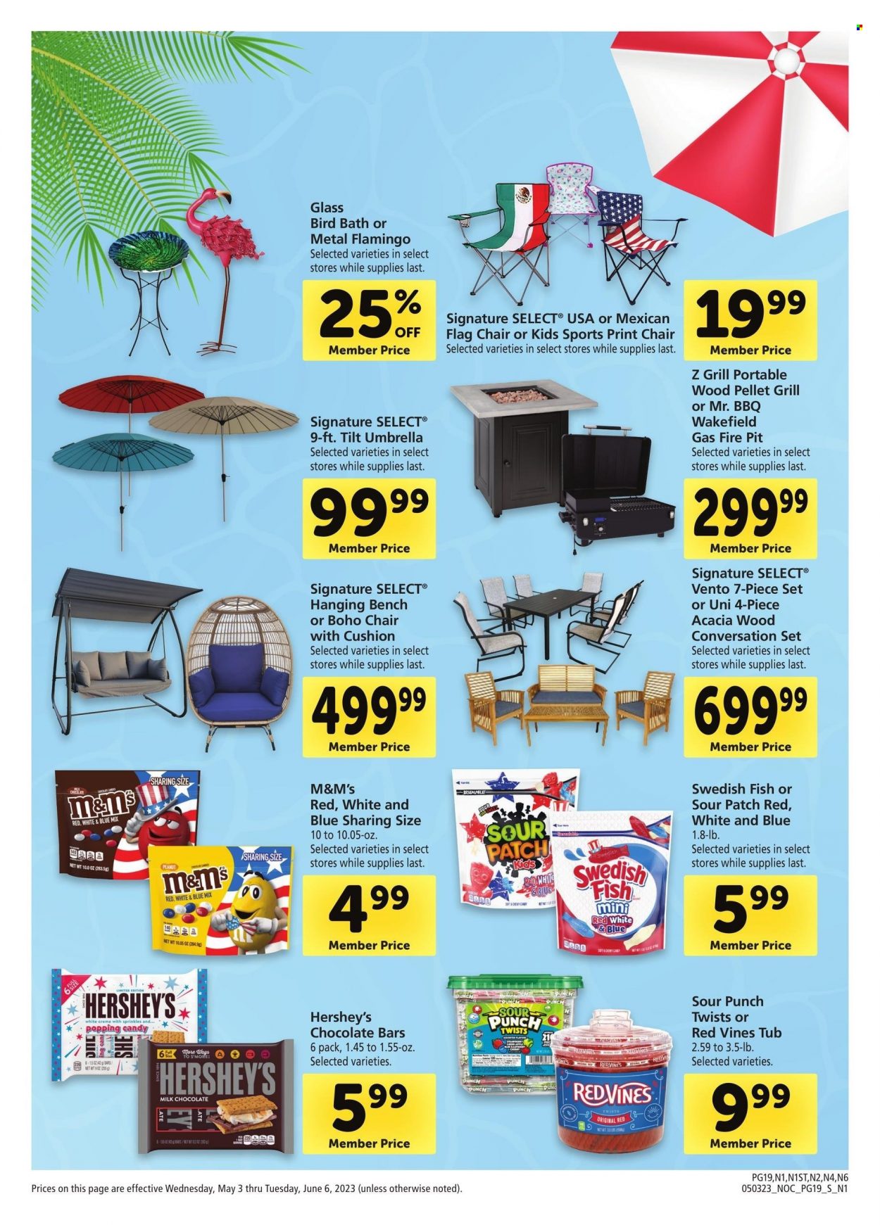 thumbnail - Safeway Flyer - 05/03/2023 - 06/06/2023 - Sales products - Hershey's, milk chocolate, M&M's, Sour Patch, chocolate bar, Candy, Red Vines, grill, pellet grill, fire bowl. Page 19.