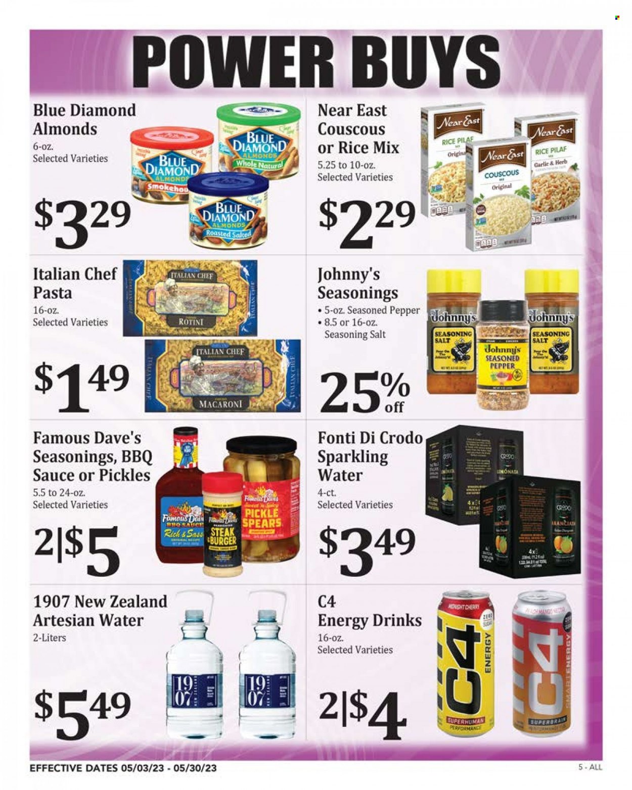 thumbnail - Rosauers Flyer - 05/03/2023 - 05/30/2023 - Sales products - cherries, macaroni, hamburger, pasta, sauce, sugar, pickles, couscous, spice, BBQ sauce, almonds, Blue Diamond, energy drink, sparkling water, water, steak. Page 5.