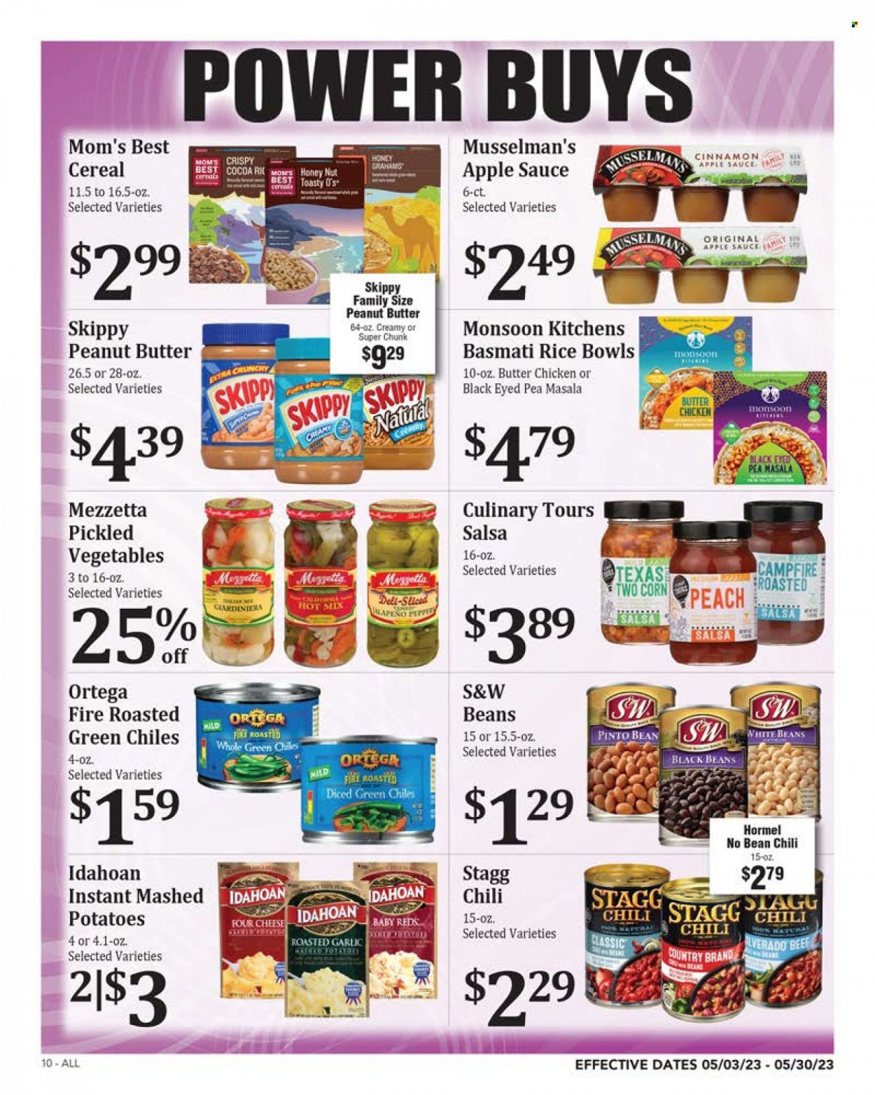 thumbnail - Rosauers Flyer - 05/03/2023 - 05/30/2023 - Sales products - beans, corn, mashed potatoes, Hormel, cheese, black beans, cereals, Mom's Best, basmati rice, salsa, apple sauce, peanut butter, chicken, Sure. Page 10.