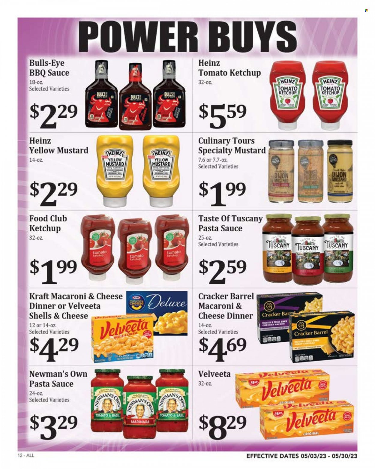 thumbnail - Rosauers Flyer - 05/03/2023 - 05/30/2023 - Sales products - macaroons, macaroni & cheese, pasta sauce, sauce, Kraft®, Havarti, crackers, Heinz, BBQ sauce, mustard, ketchup. Page 12.