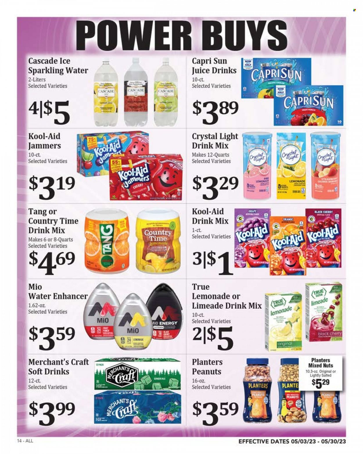 thumbnail - Rosauers Flyer - 05/03/2023 - 05/30/2023 - Sales products - cherries, oranges, Dove, peanuts, mixed nuts, Planters, Capri Sun, lemonade, juice, soft drink, Country Time, sparkling water, water, Cascade. Page 14.