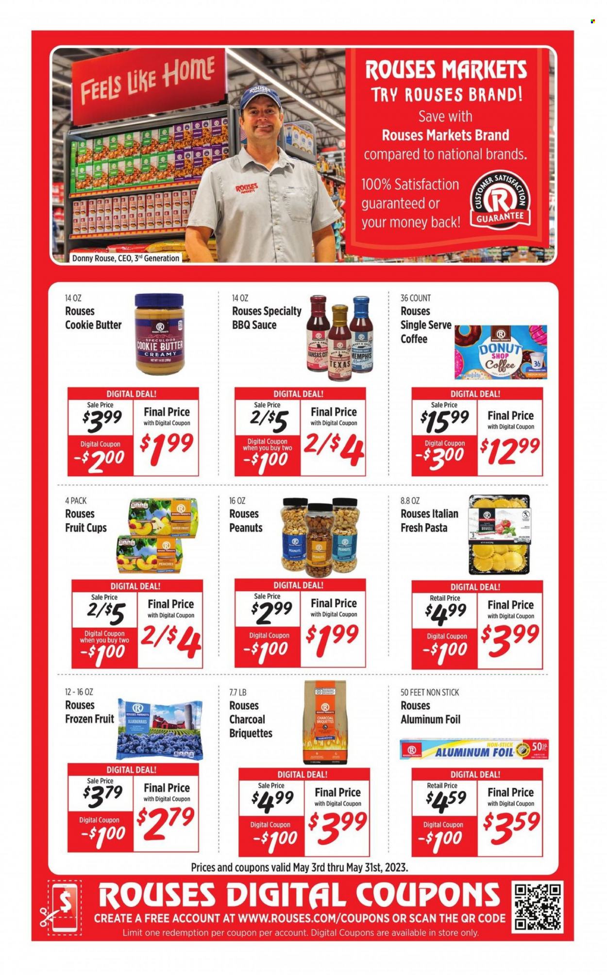 thumbnail - Rouses Markets Flyer - 05/03/2023 - 05/31/2023 - Sales products - donut, blueberries, fruit cup, sauce, butter, Spekulatius, BBQ sauce, peanuts, coffee, aluminium foil, peaches. Page 1.