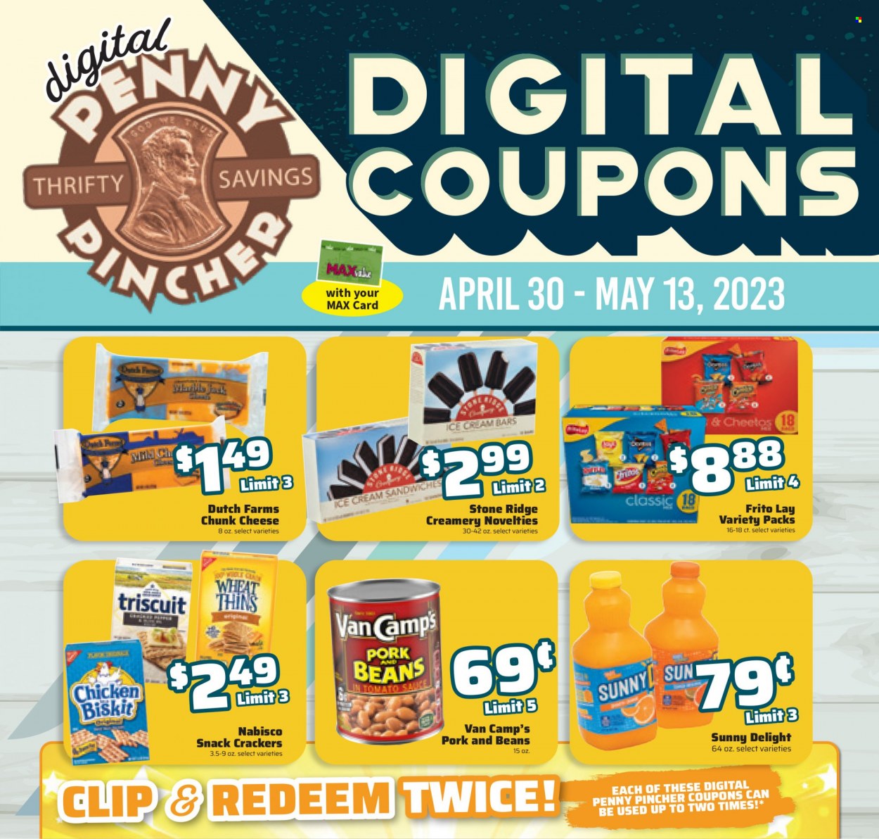 thumbnail - County Market Flyer - 04/30/2023 - 05/30/2023 - Sales products - beans, cheese, chunk cheese, ice cream, ice cream bars, ice cream sandwich, snack, crackers, Nabisco, Cheetos, Thins, chicken. Page 1.