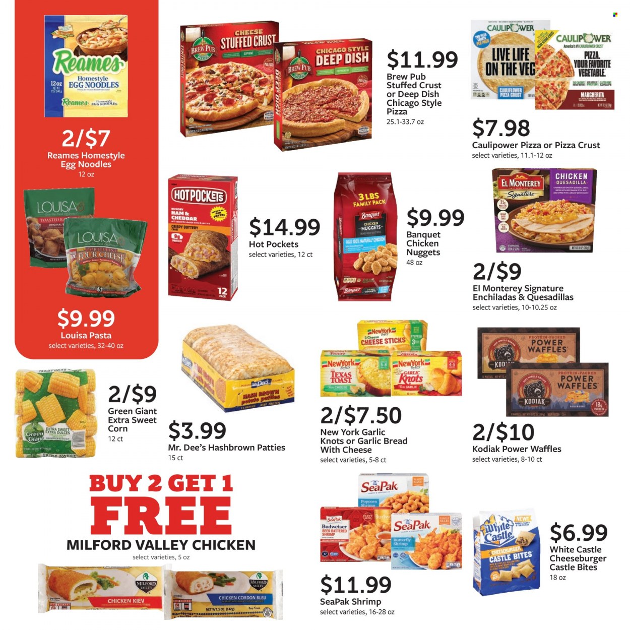 thumbnail - Fareway Flyer - 05/01/2023 - 06/03/2023 - Sales products - bread, waffles, corn, sweet corn, shrimps, enchiladas, hot pocket, pizza, nuggets, pasta, cheeseburger, chicken nuggets, noodles, ham, cheddar, cheese, cordon bleu, cheese sticks, Chicken Kiev, egg noodles, alcohol, beer, Castle, chicken, Budweiser. Page 18.