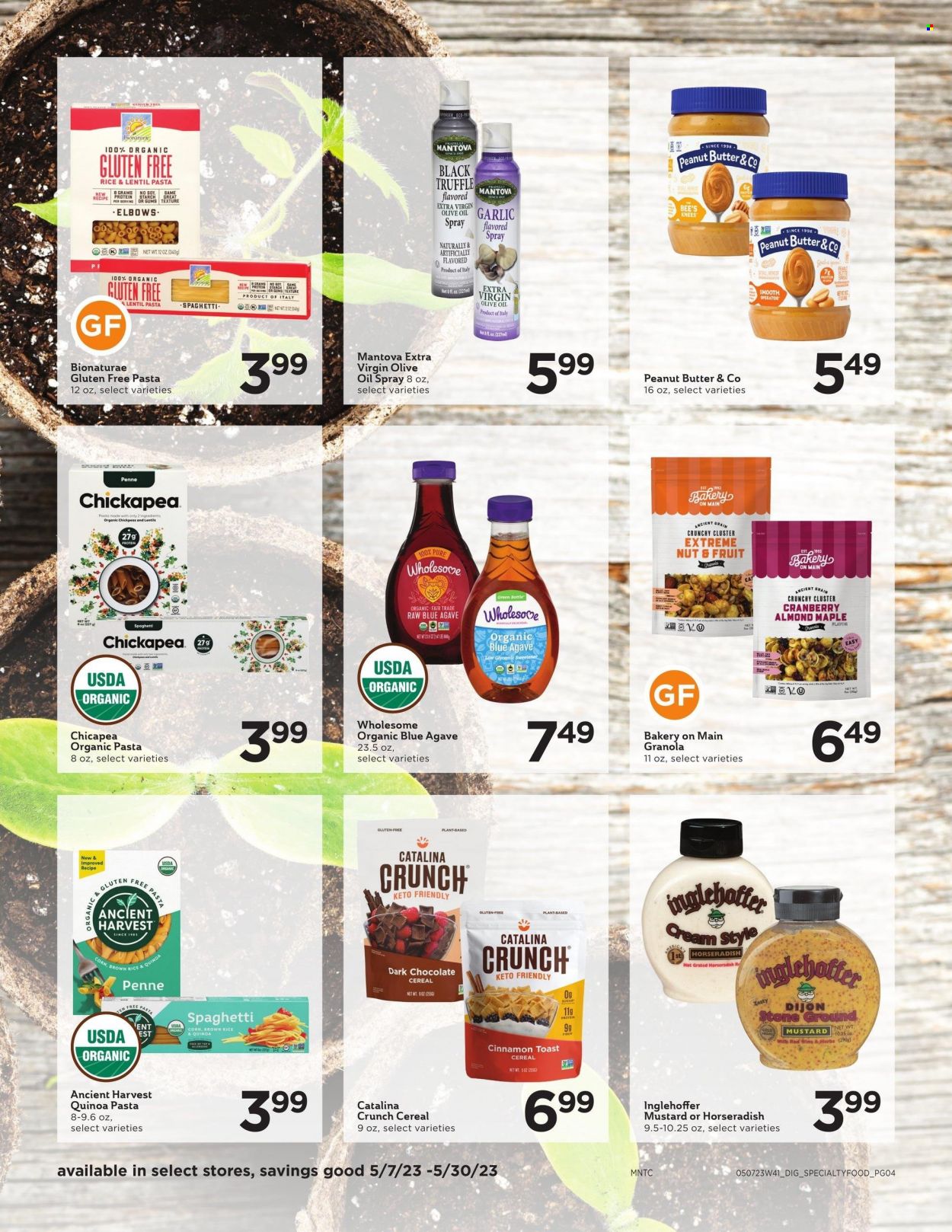 thumbnail - Cub Foods Flyer - 05/07/2023 - 05/30/2023 - Sales products - garlic, horseradish, spaghetti, pasta, dark chocolate, starch, cereals, granola, quinoa, rice, penne, cinnamon, mustard, extra virgin olive oil, olive oil, oil, peanut butter. Page 4.